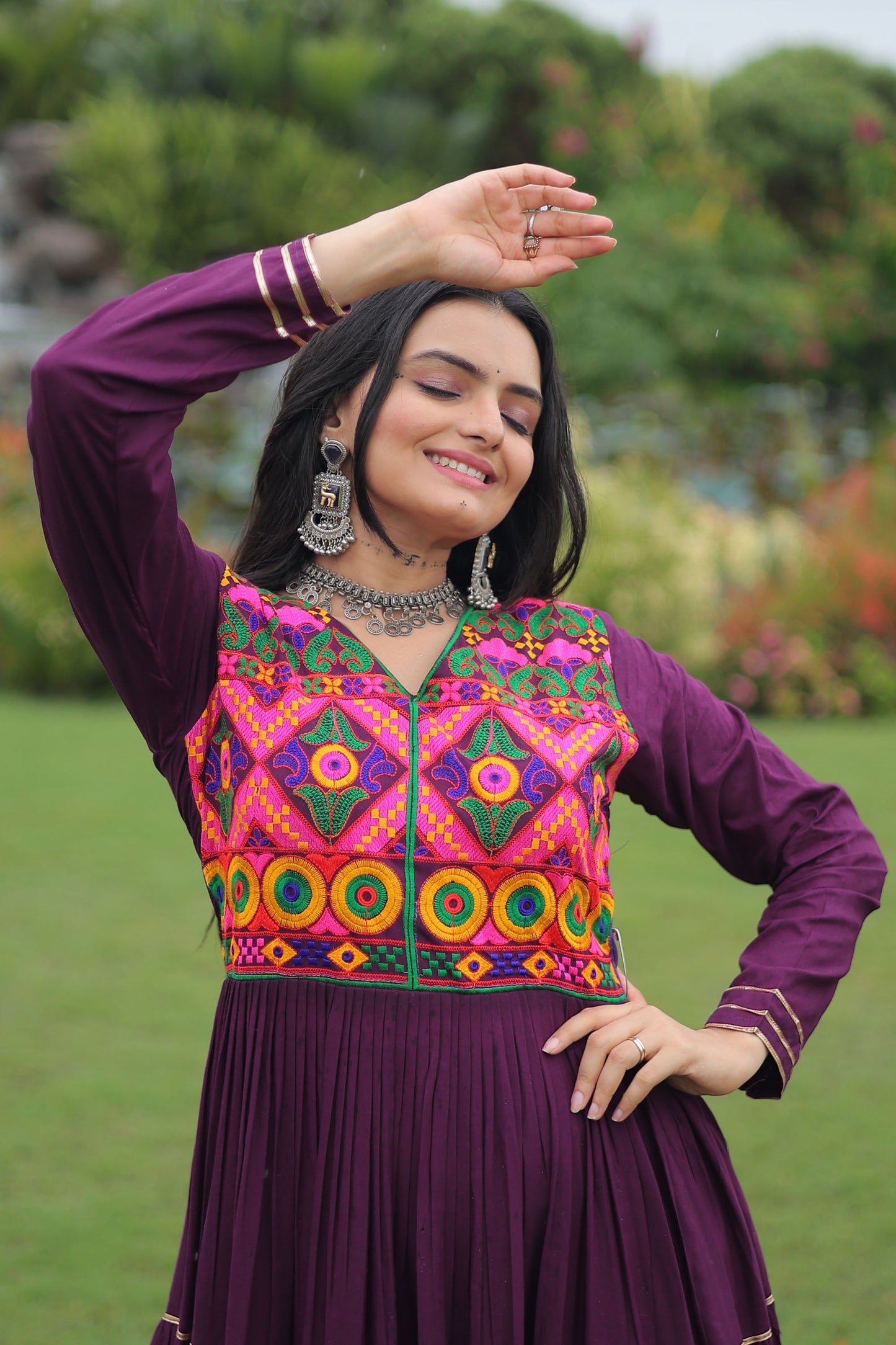Lorenvalley Fashion Wine Rayon Kutchi Gamthi Embroidered & Mirror hand Work Gown | Swadesiicart