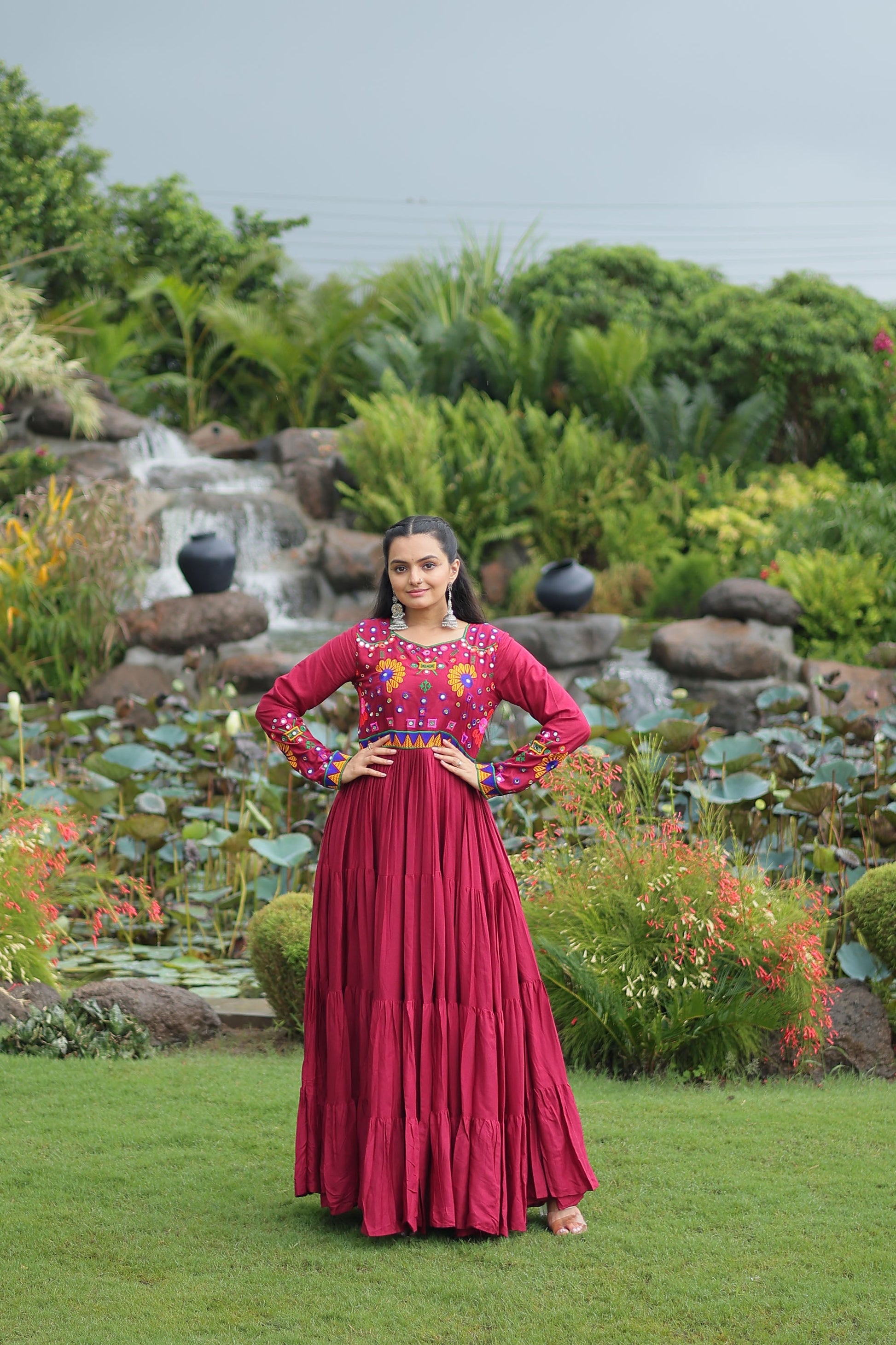 Lorenvalley Fashion Maroon Rayon Kutchi Gamthi Work Gown | Swadesiicart
