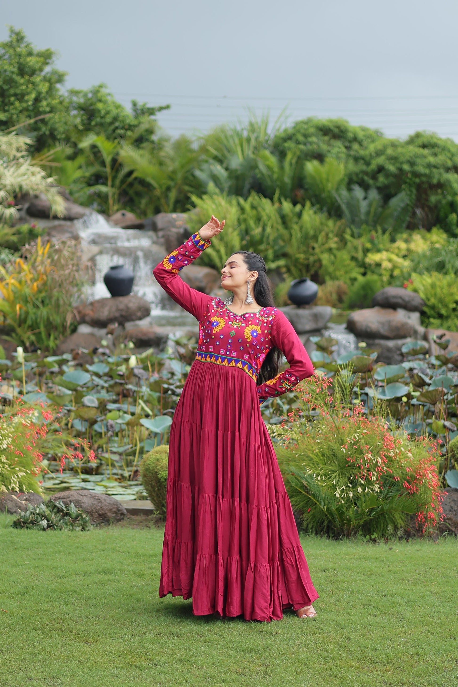 Lorenvalley Fashion Maroon Rayon Kutchi Gamthi Work Gown | Swadesiicart