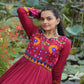 Lorenvalley Fashion Maroon Rayon Kutchi Gamthi Work Gown | Swadesiicart