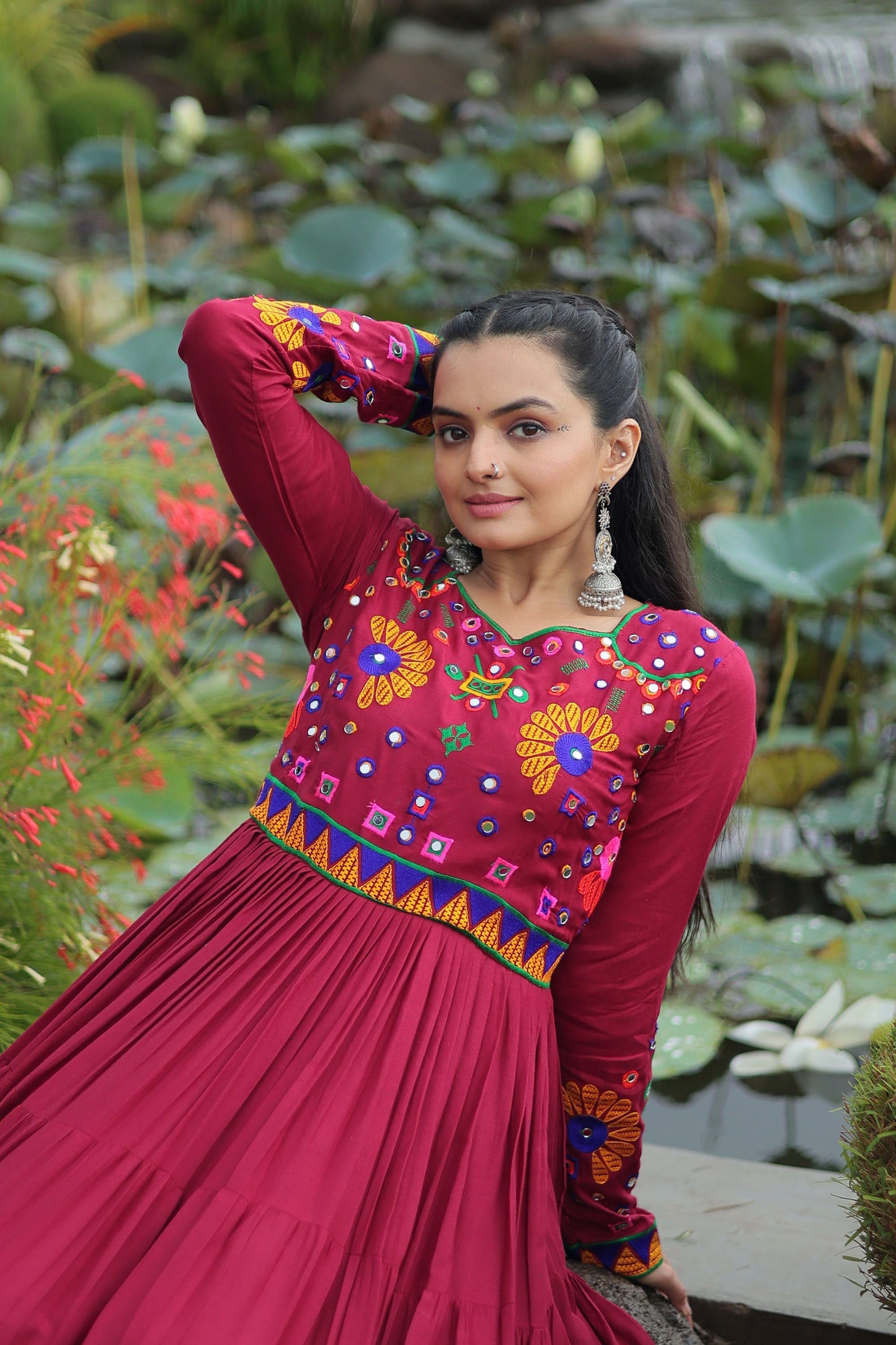 Lorenvalley Fashion Maroon Rayon Kutchi Gamthi Work Gown | Swadesiicart