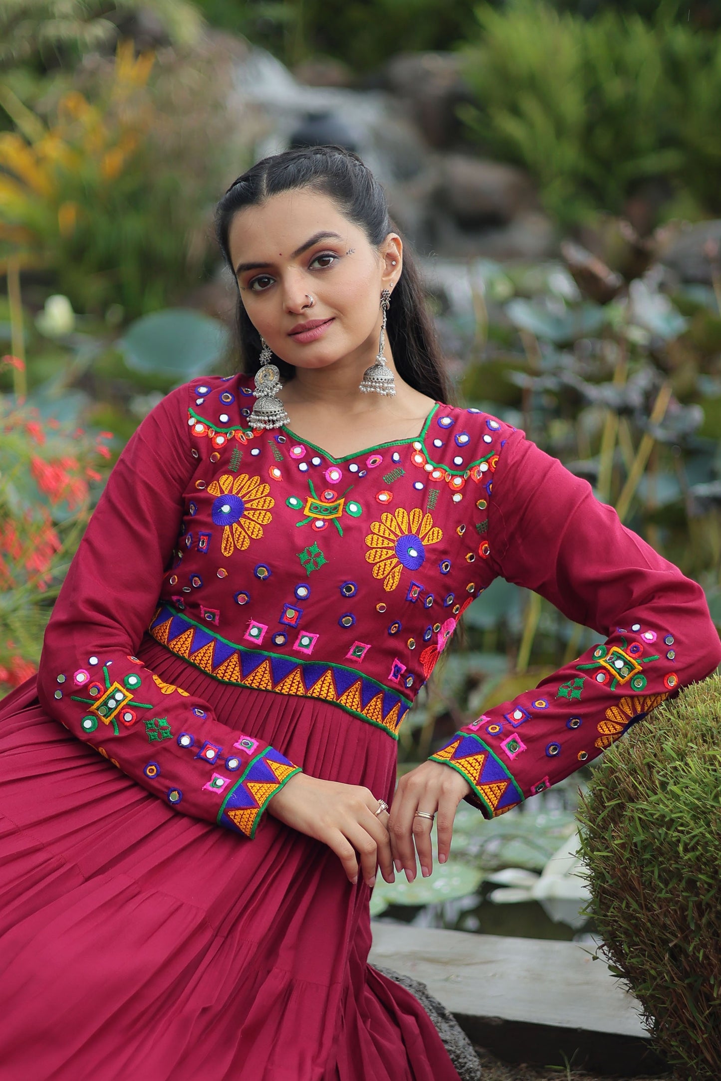 Lorenvalley Fashion Maroon Rayon Kutchi Gamthi Work Gown | Swadesiicart
