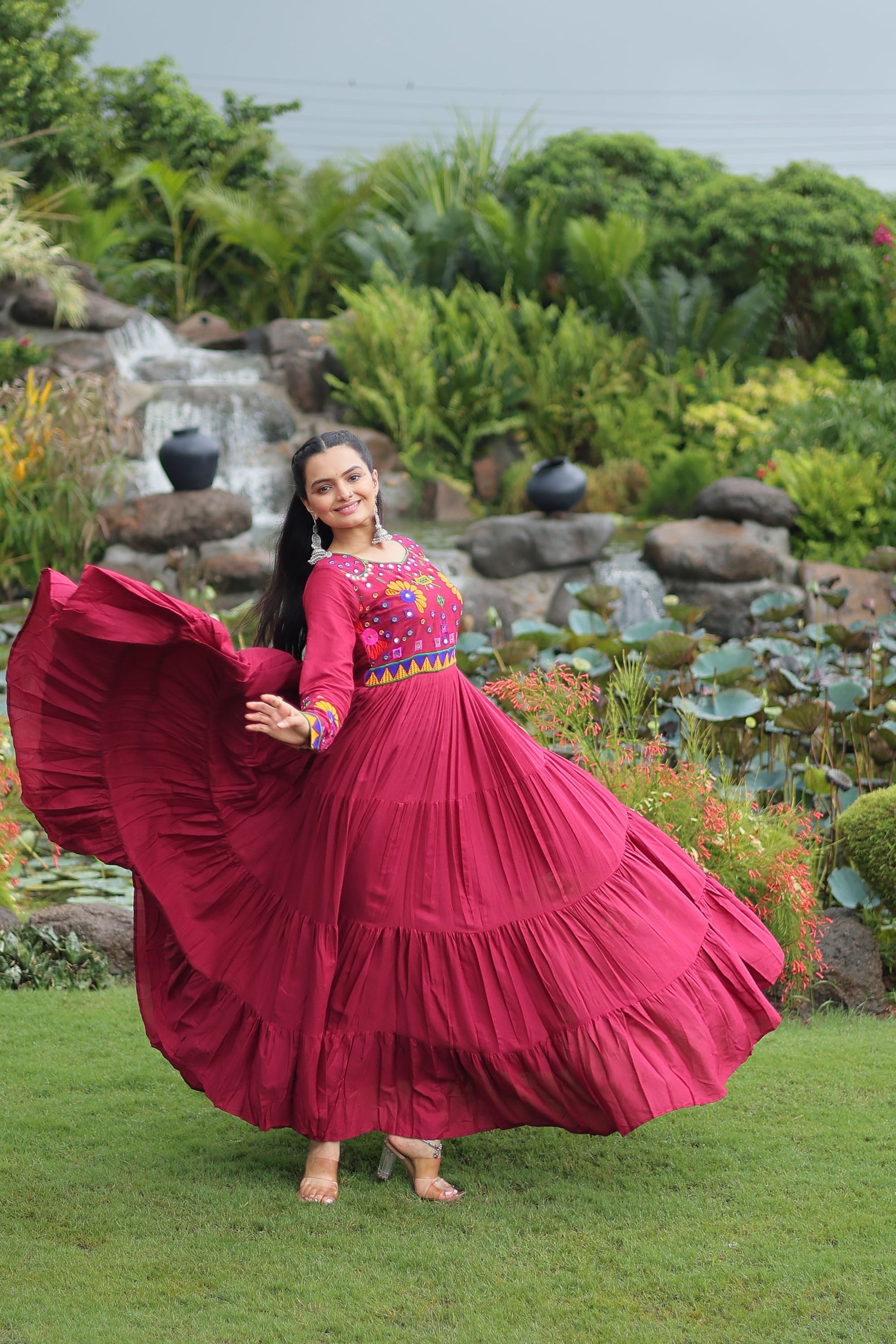 Lorenvalley Fashion Maroon Rayon Kutchi Gamthi Work Gown | Swadesiicart
