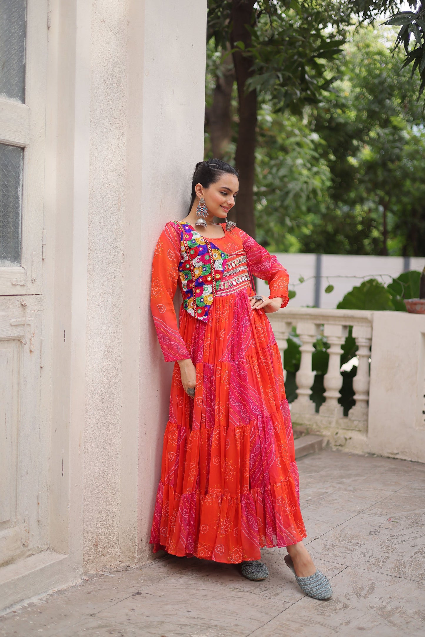 Lorenvalley Fashion Multicolor Faux Georgette Laheriya & Bandhej Print with kutchi patche work Gown | Swadesiicart