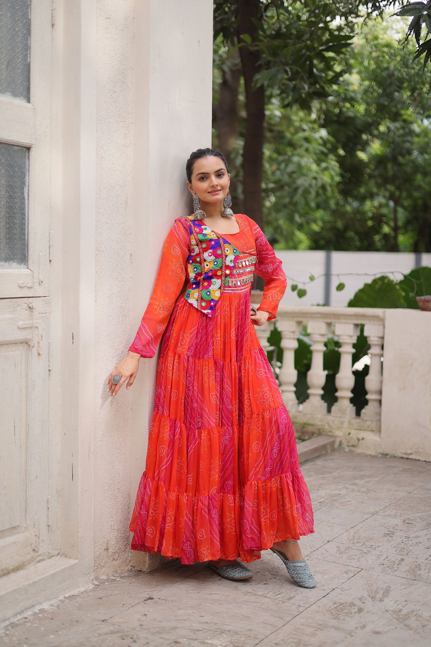 Lorenvalley Fashion Multicolor Faux Georgette Laheriya & Bandhej Print with kutchi patche work Gown | Swadesiicart