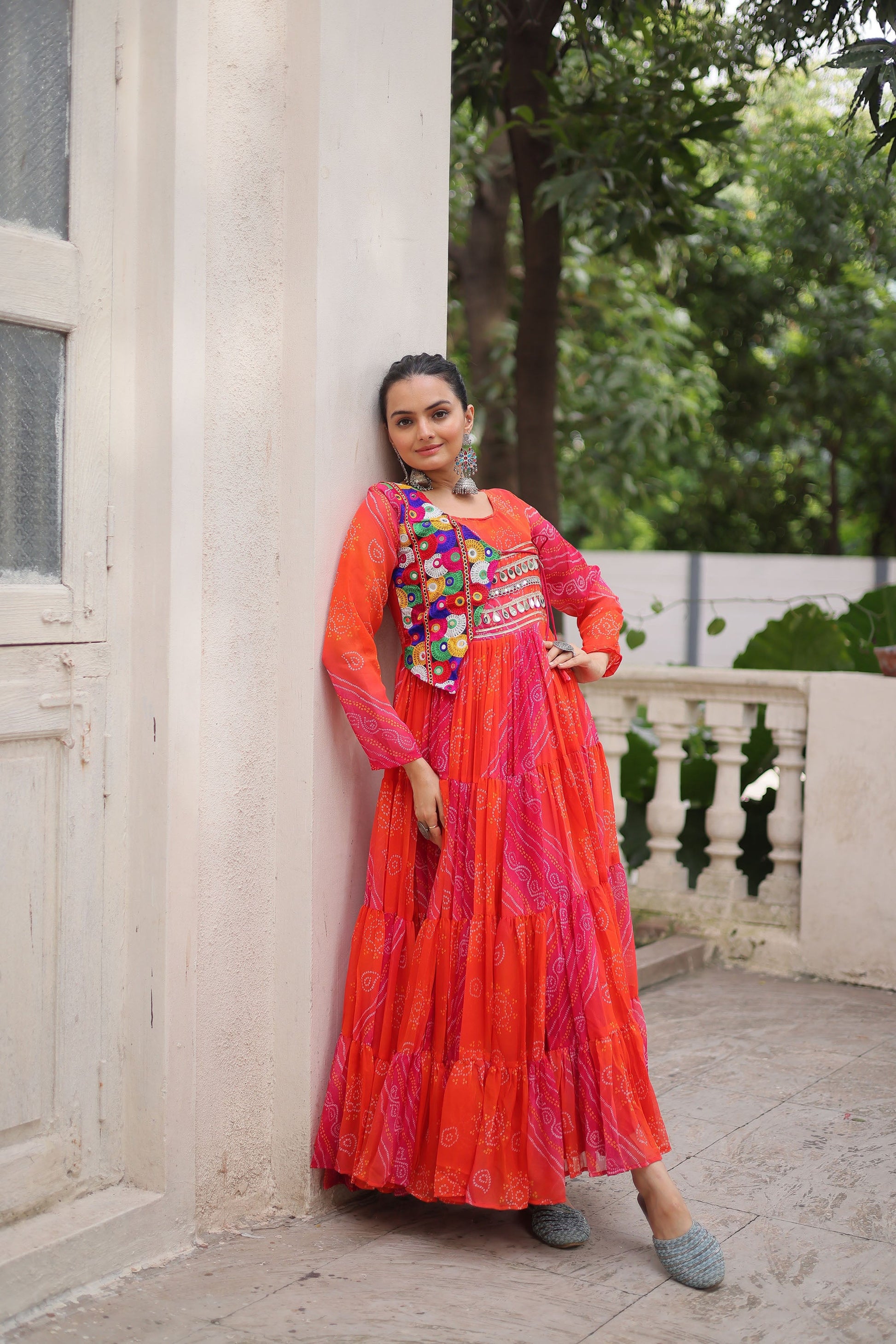 Lorenvalley Fashion Multicolor Faux Georgette Laheriya & Bandhej Print with kutchi patche work Gown | Swadesiicart