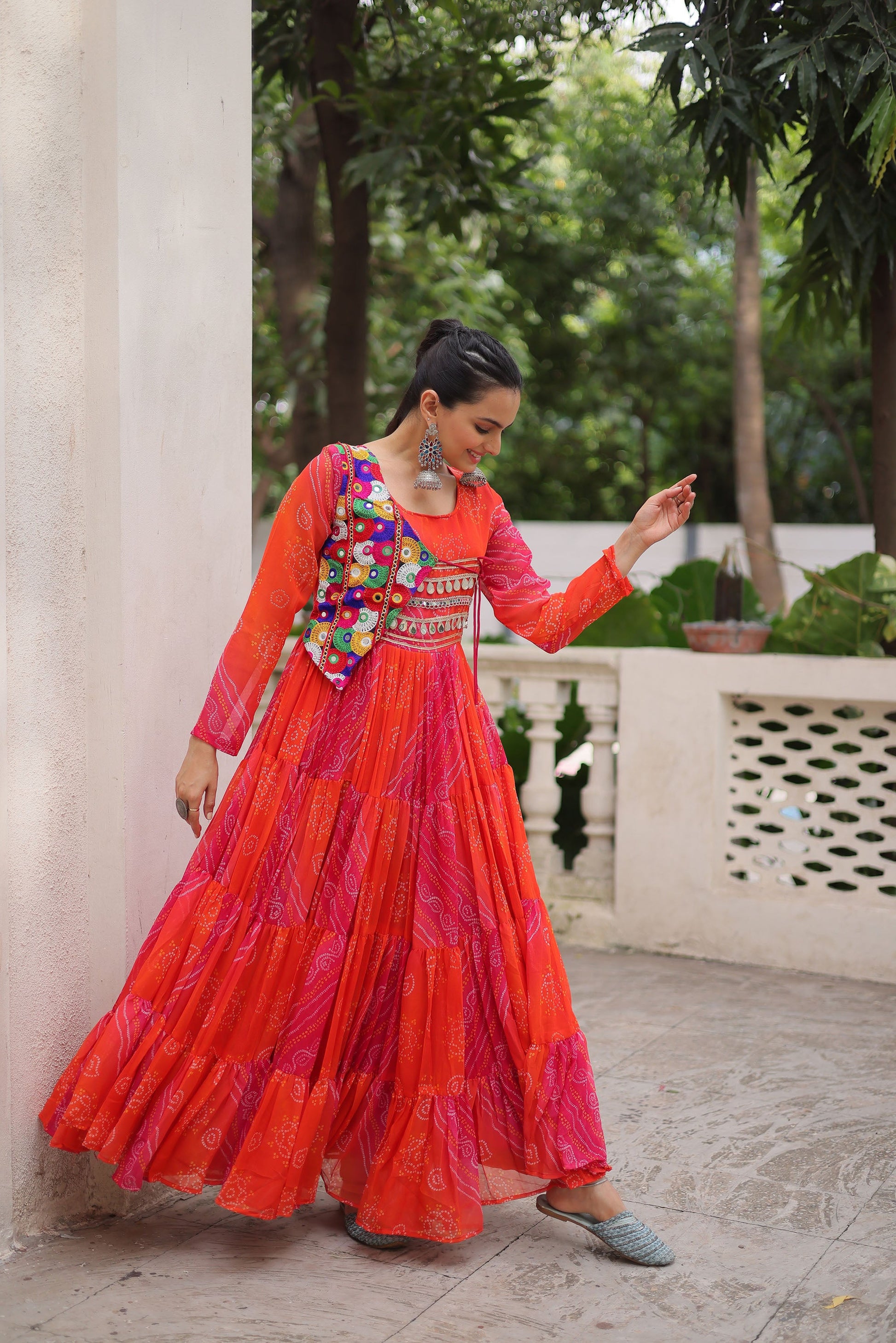 Lorenvalley Fashion Multicolor Faux Georgette Laheriya & Bandhej Print with kutchi patche work Gown | Swadesiicart