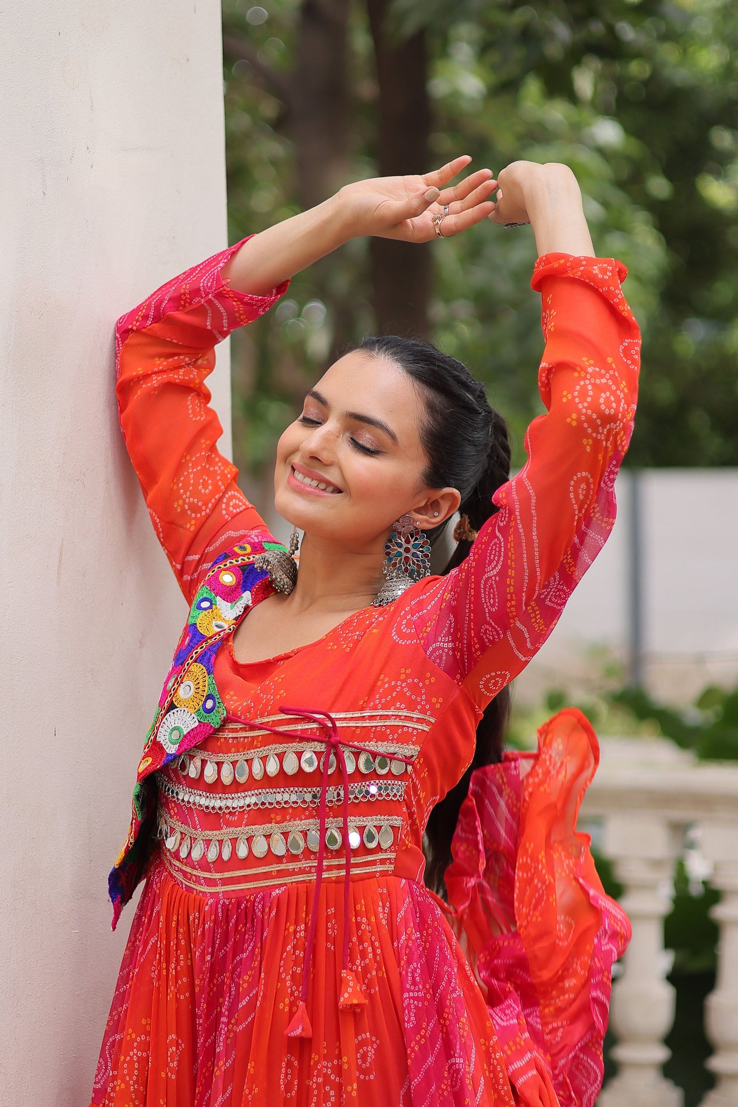 Lorenvalley Fashion Multicolor Faux Georgette Laheriya & Bandhej Print with kutchi patche work Gown | Swadesiicart