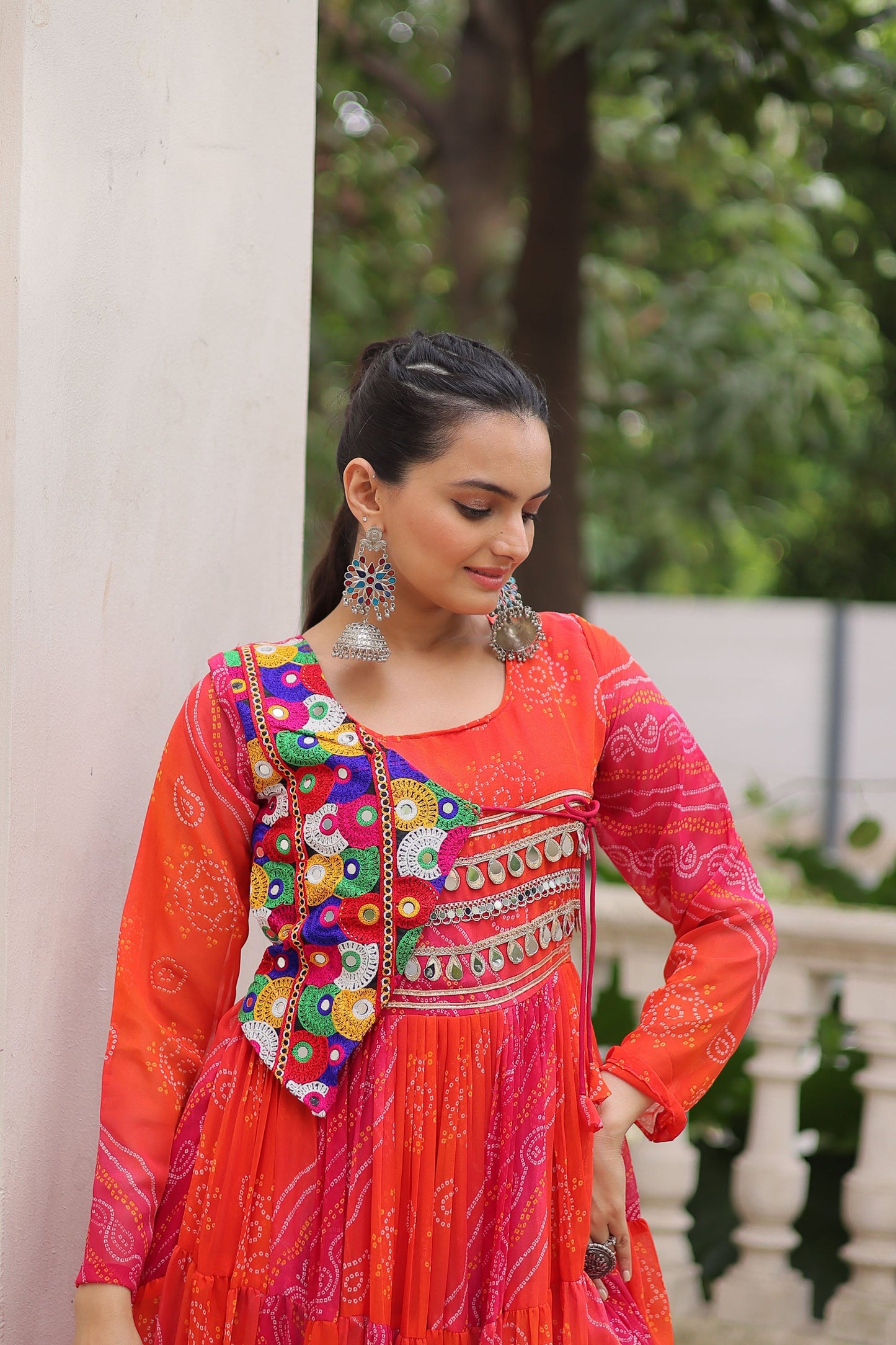 Lorenvalley Fashion Multicolor Faux Georgette Laheriya & Bandhej Print with kutchi patche work Gown | Swadesiicart