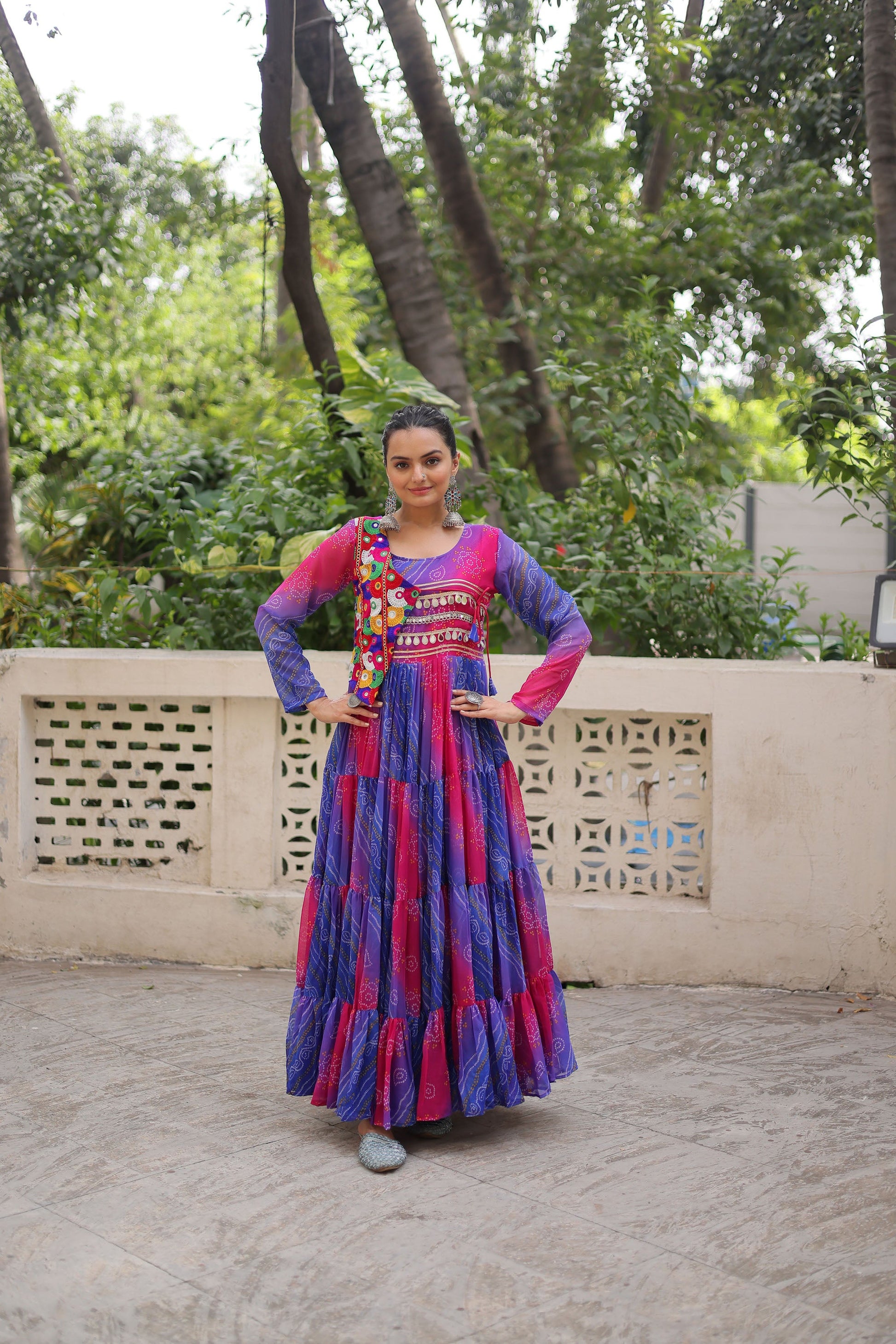 Lorenvalley Fashion Multicolor Faux Georgette Laheriya & Bandhej Print with kutchi patche work Gown | Swadesiicart