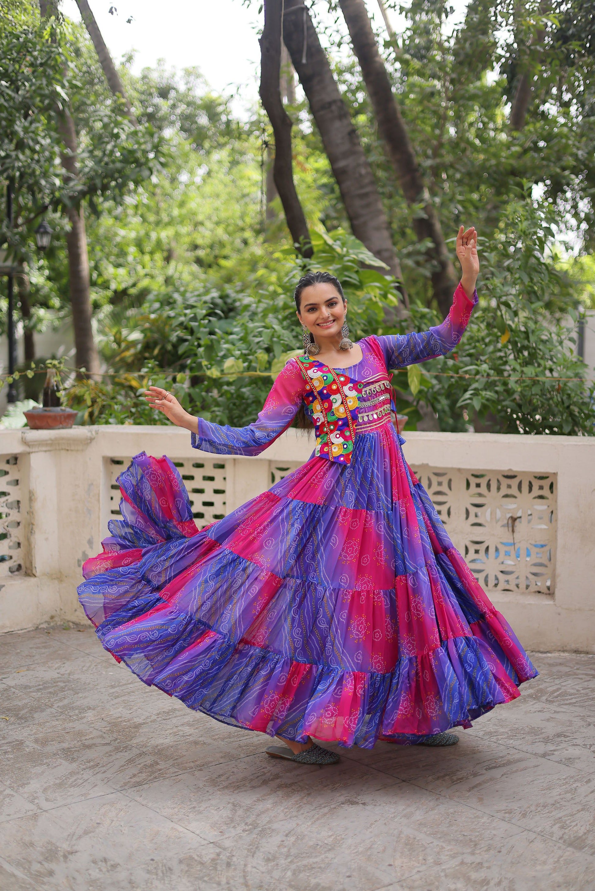 Lorenvalley Fashion Multicolor Faux Georgette Laheriya & Bandhej Print with kutchi patche work Gown | Swadesiicart
