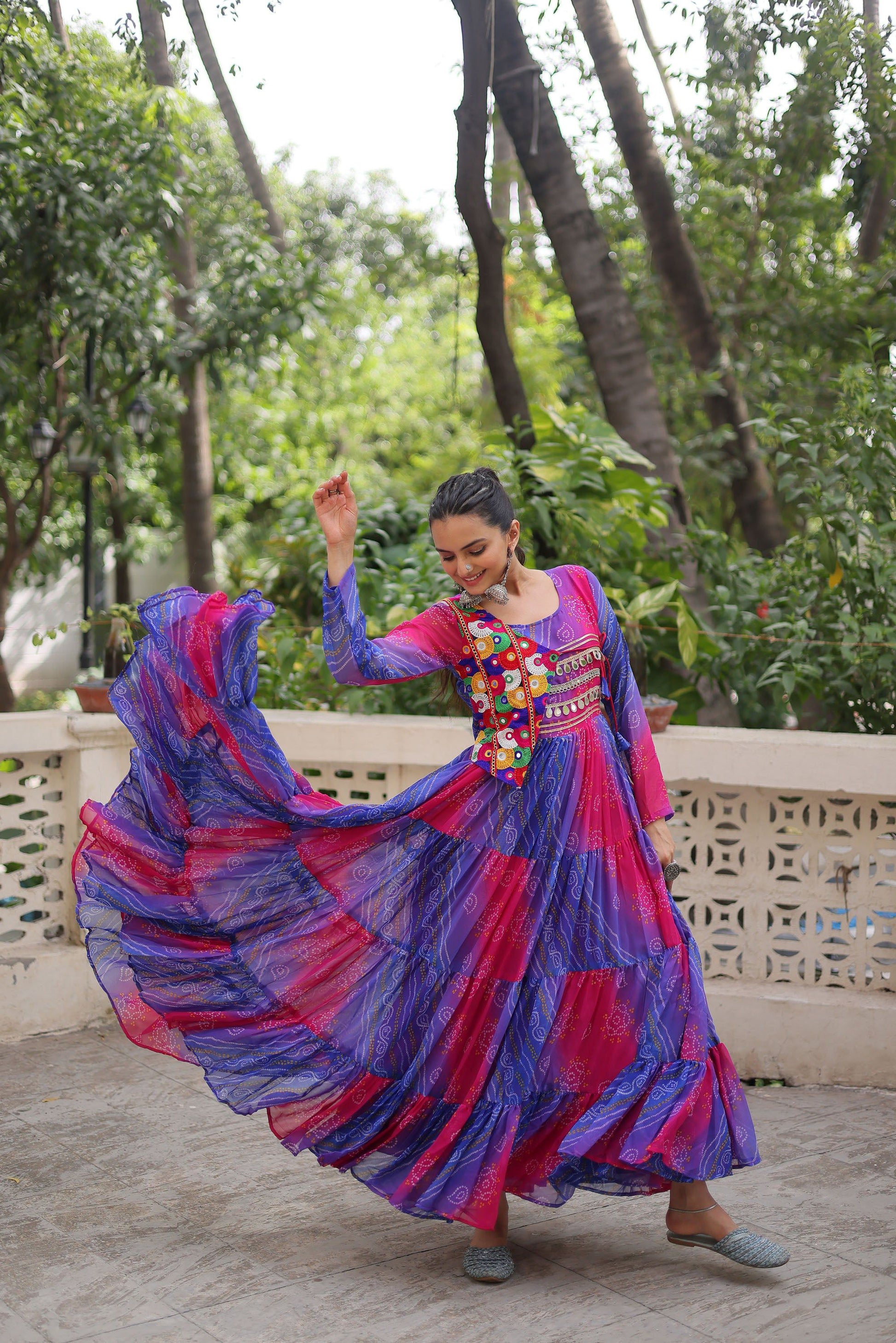 Lorenvalley Fashion Multicolor Faux Georgette Laheriya & Bandhej Print with kutchi patche work Gown | Swadesiicart