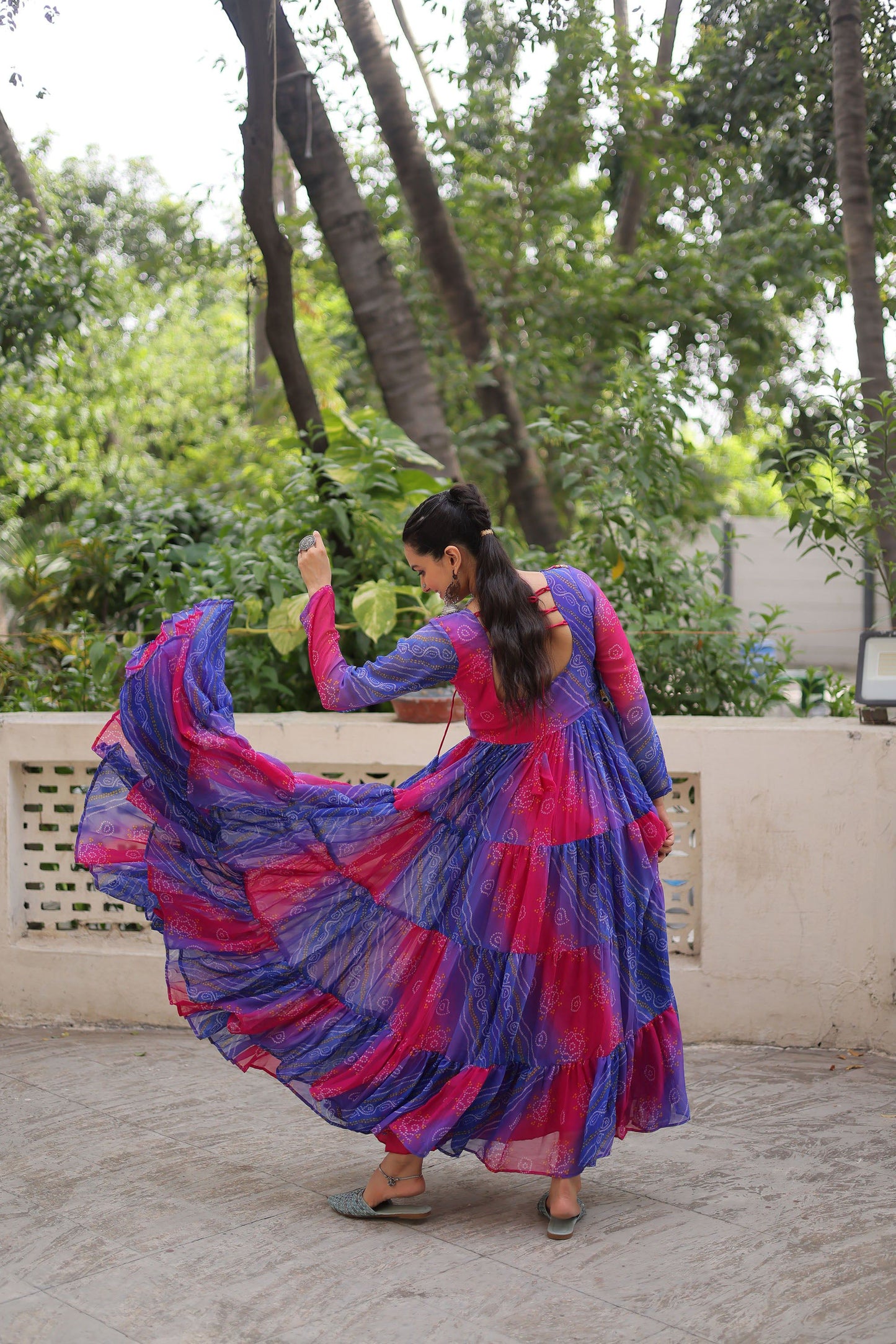 Lorenvalley Fashion Multicolor Faux Georgette Laheriya & Bandhej Print with kutchi patche work Gown | Swadesiicart