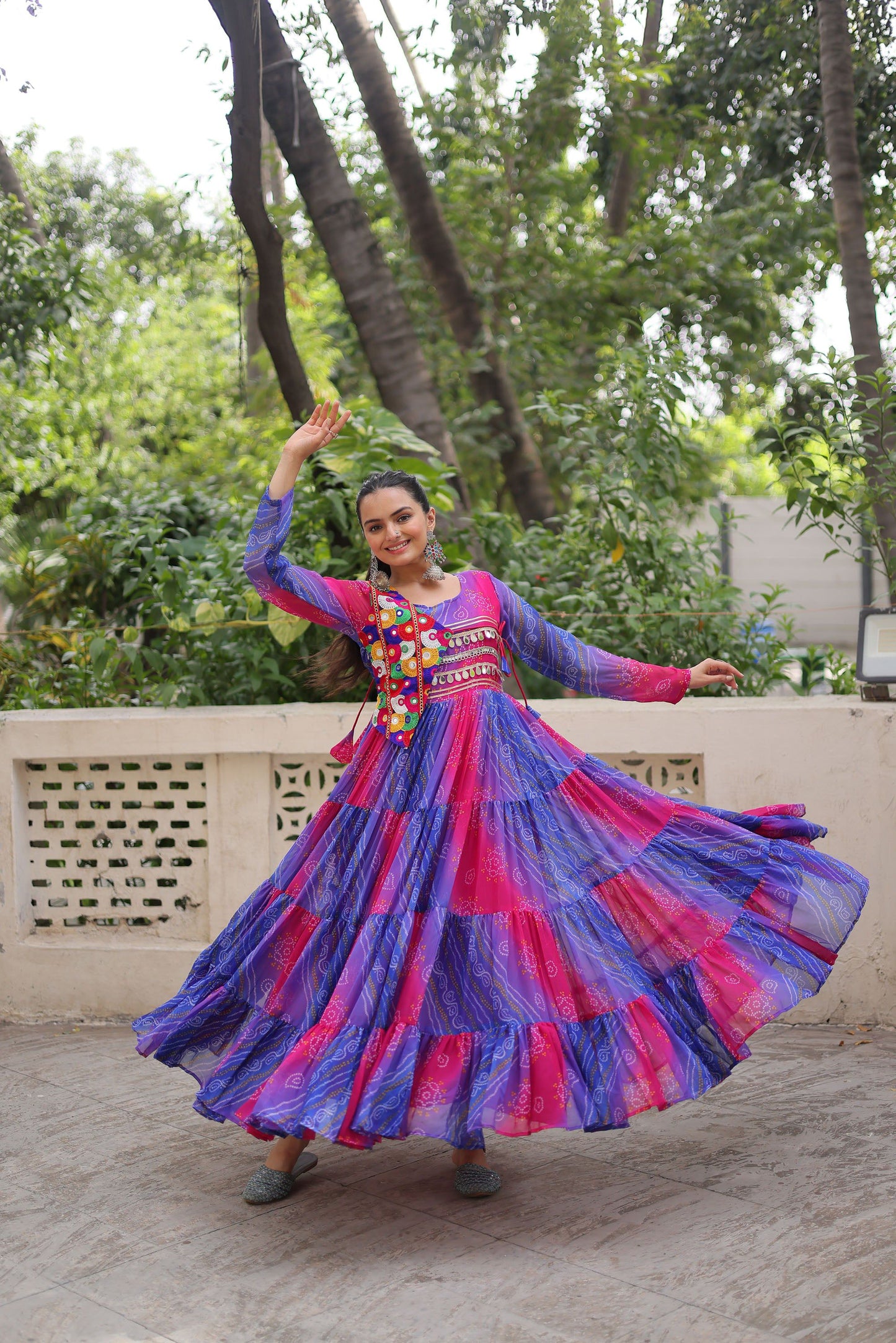 Lorenvalley Fashion Multicolor Faux Georgette Laheriya & Bandhej Print with kutchi patche work Gown | Swadesiicart