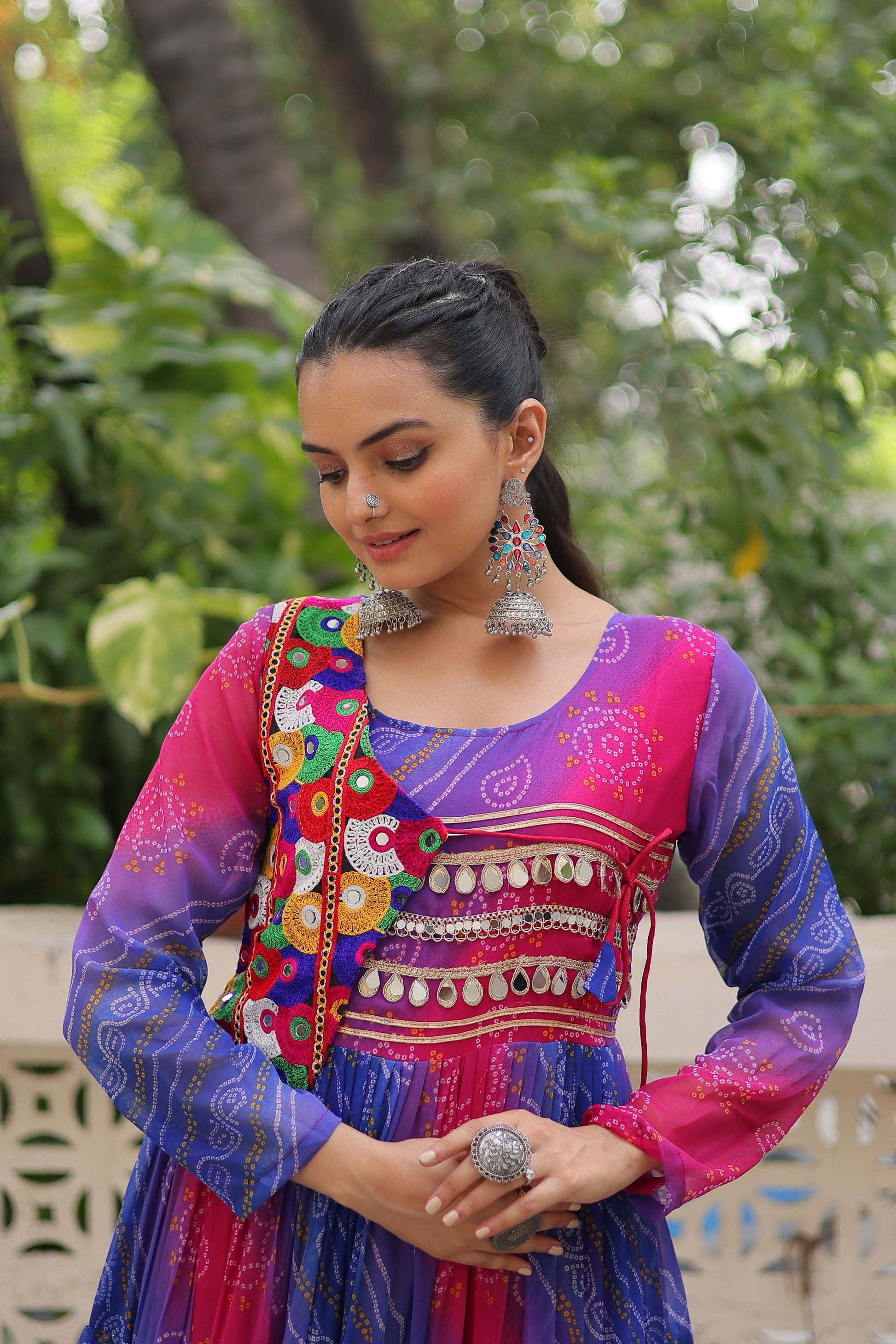 Lorenvalley Fashion Multicolor Faux Georgette Laheriya & Bandhej Print with kutchi patche work Gown | Swadesiicart