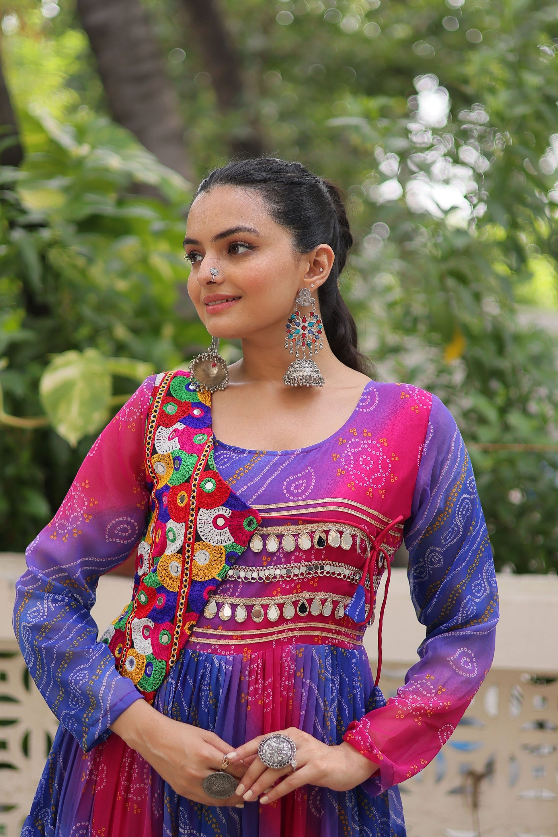 Lorenvalley Fashion Multicolor Faux Georgette Laheriya & Bandhej Print with kutchi patche work Gown | Swadesiicart
