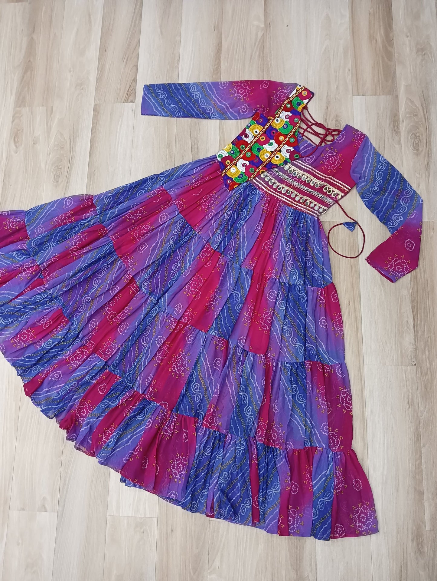 Lorenvalley Fashion Multicolor Faux Georgette Laheriya & Bandhej Print with kutchi patche work Gown | Swadesiicart