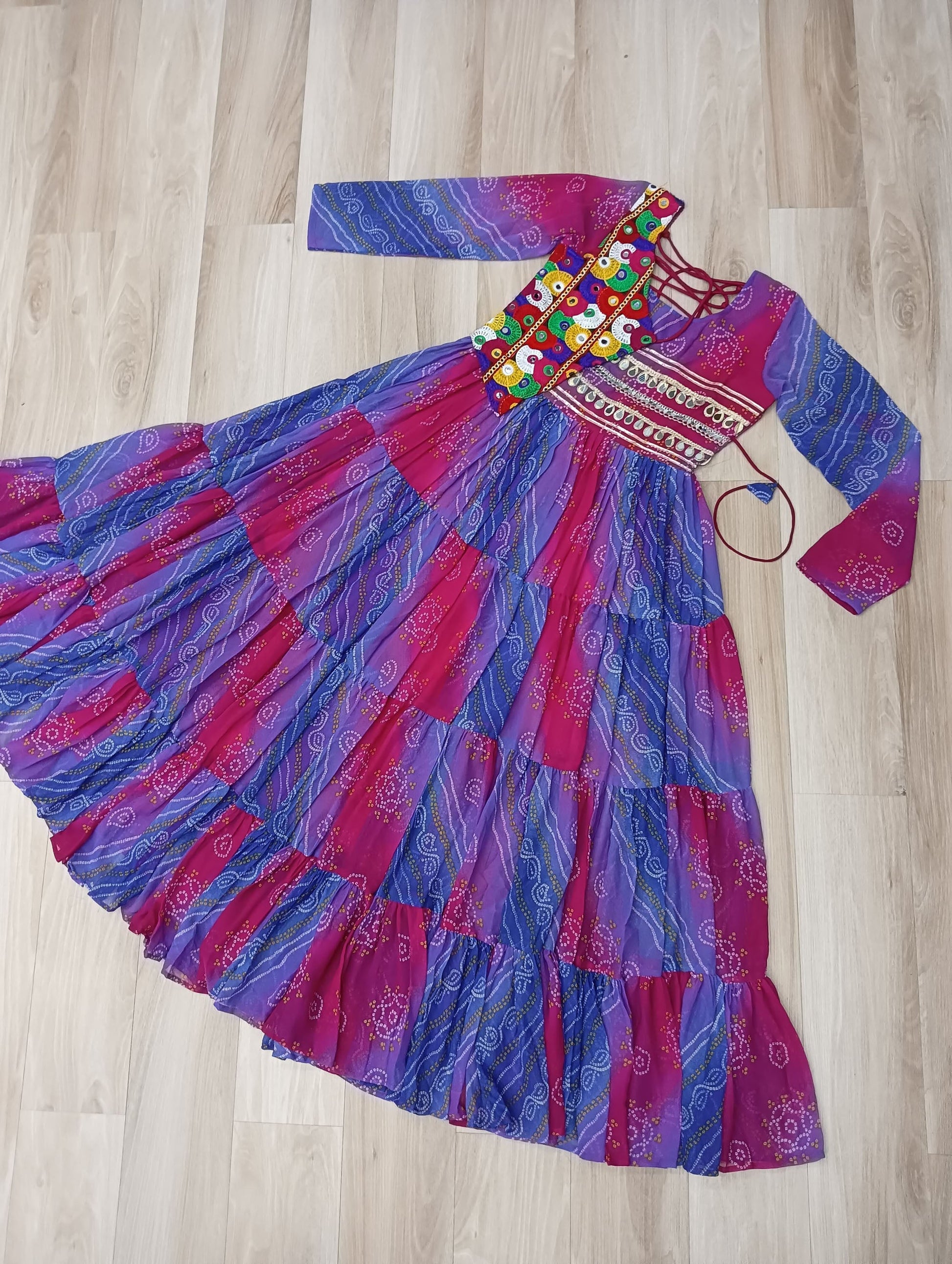 Lorenvalley Fashion Multicolor Faux Georgette Laheriya & Bandhej Print with kutchi patche work Gown | Swadesiicart