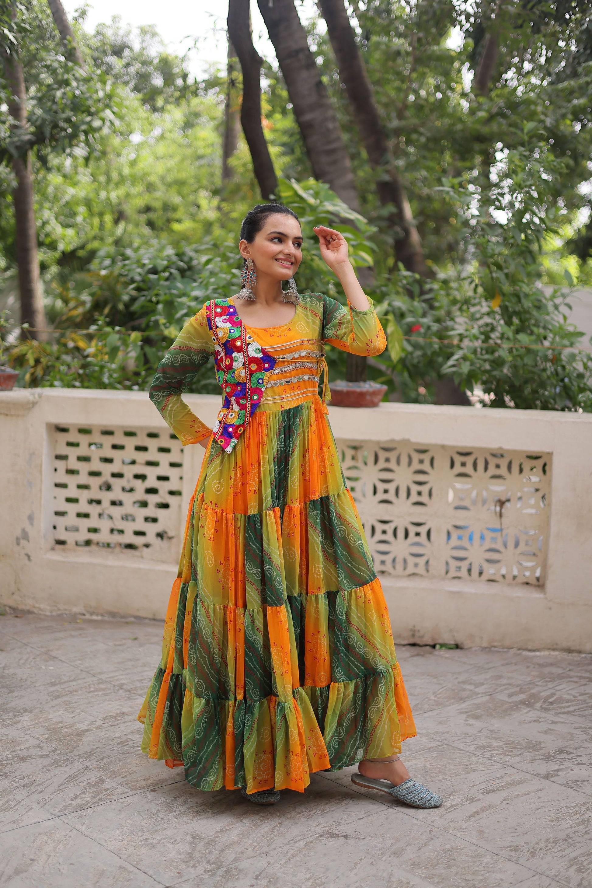 Lorenvalley Fashion Multicolor Faux Georgette Laheriya & Bandhej Print with kutchi patche work Gown | Swadesiicart