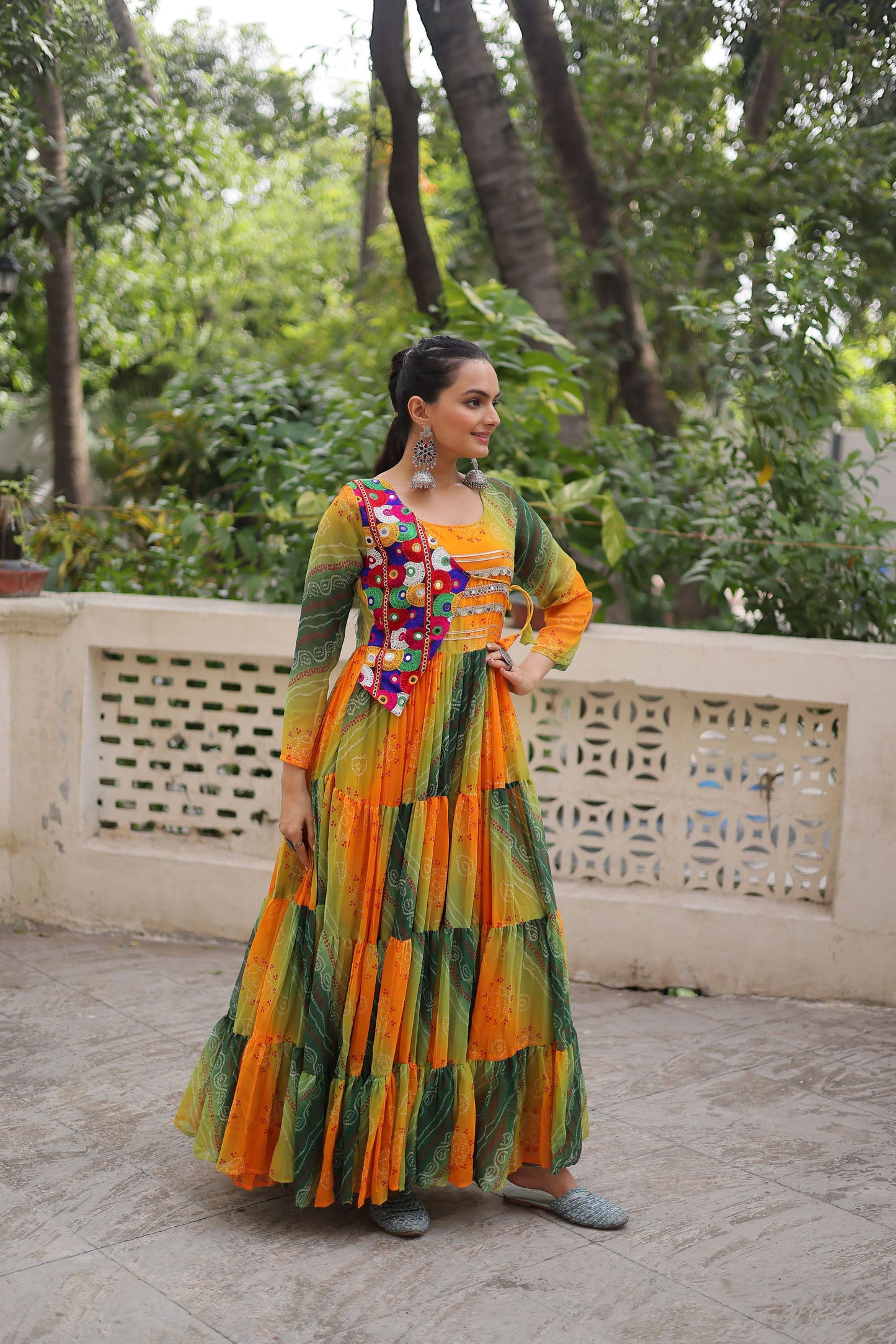 Lorenvalley Fashion Multicolor Faux Georgette Laheriya & Bandhej Print with kutchi patche work Gown | Swadesiicart
