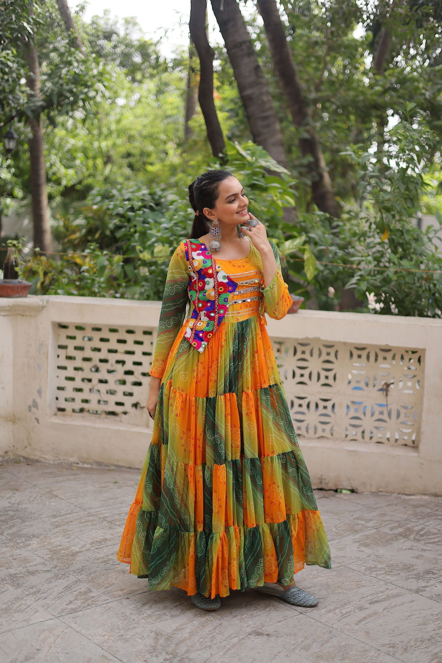 Lorenvalley Fashion Multicolor Faux Georgette Laheriya & Bandhej Print with kutchi patche work Gown | Swadesiicart