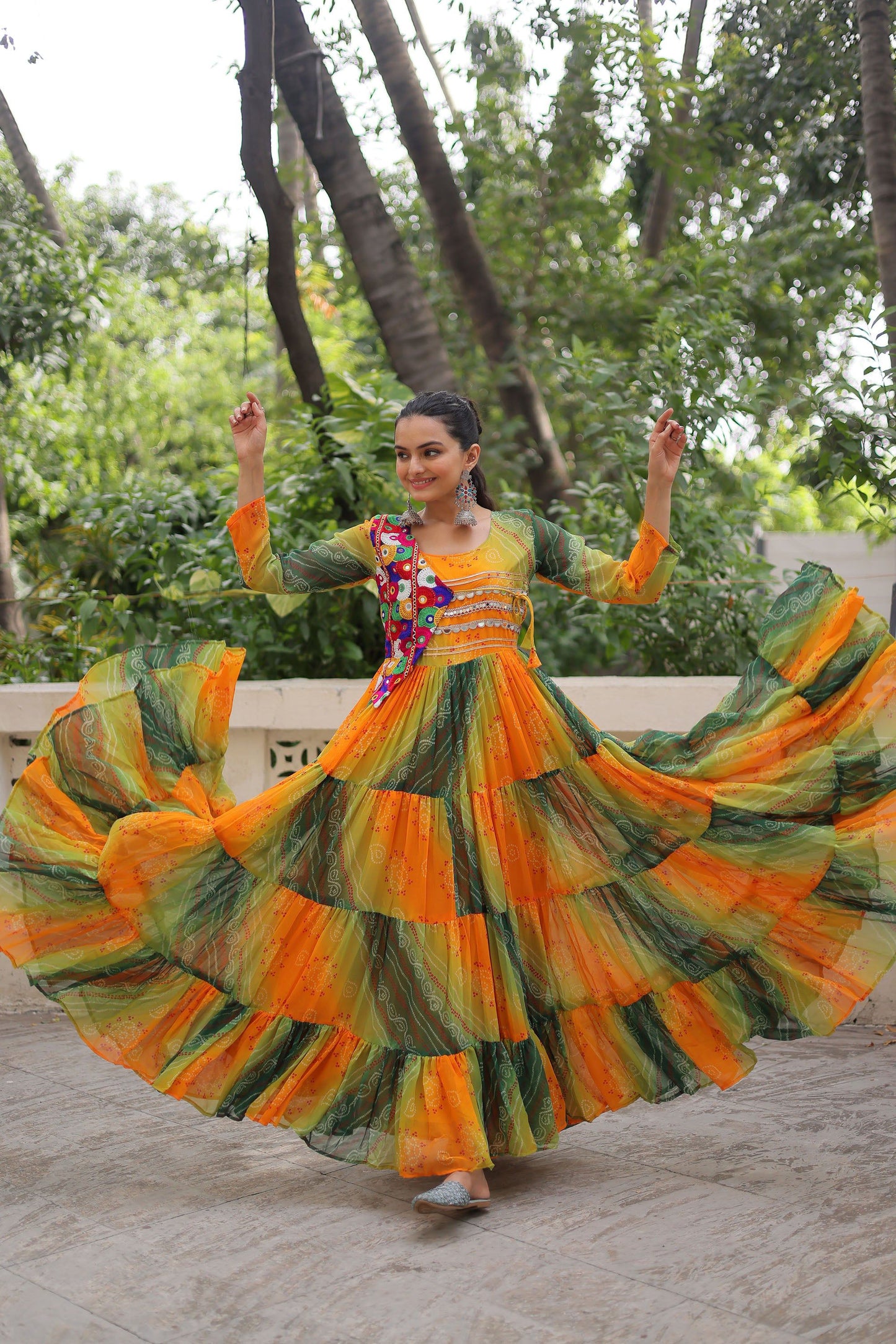 Lorenvalley Fashion Multicolor Faux Georgette Laheriya & Bandhej Print with kutchi patche work Gown | Swadesiicart