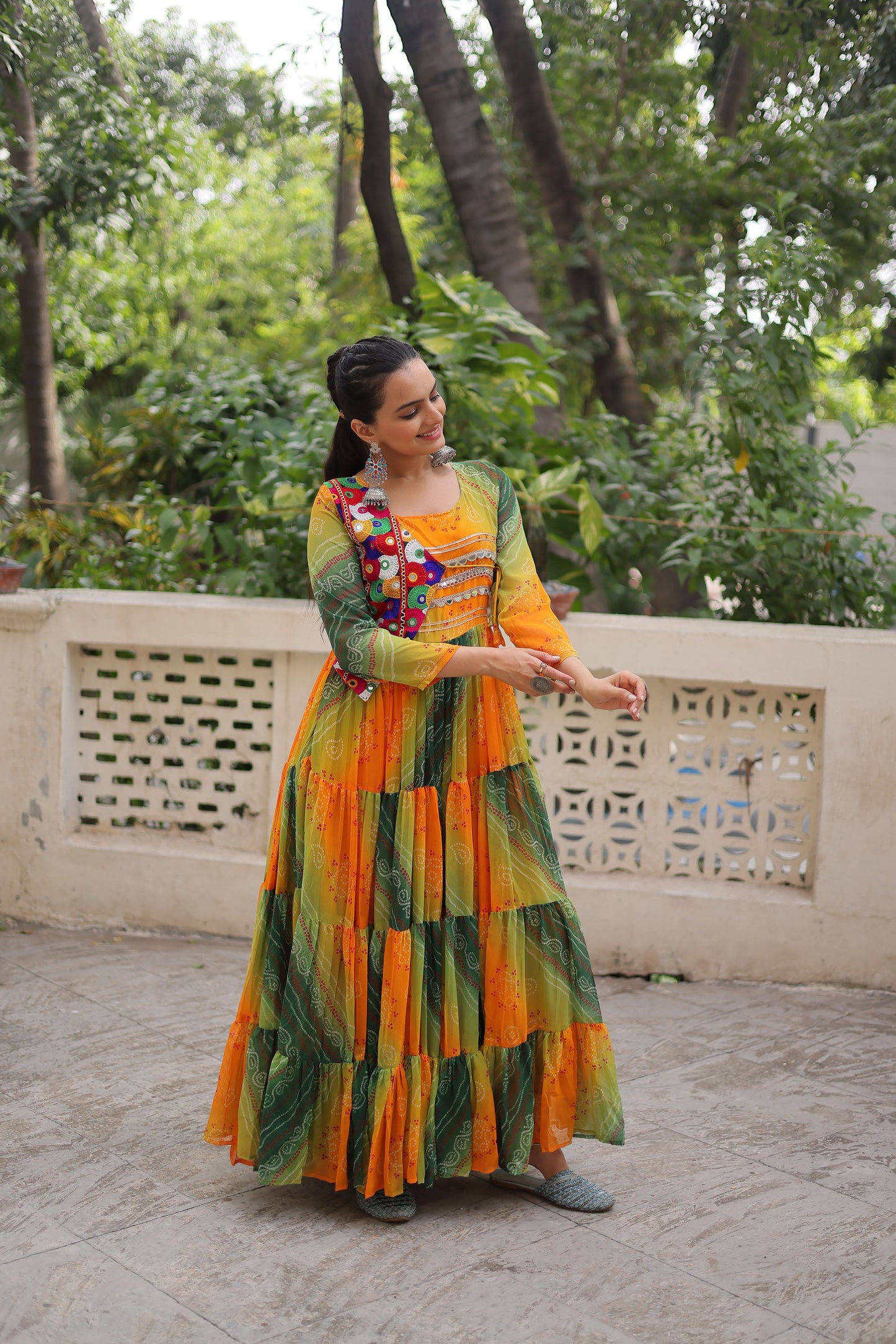 Lorenvalley Fashion Multicolor Faux Georgette Laheriya & Bandhej Print with kutchi patche work Gown | Swadesiicart