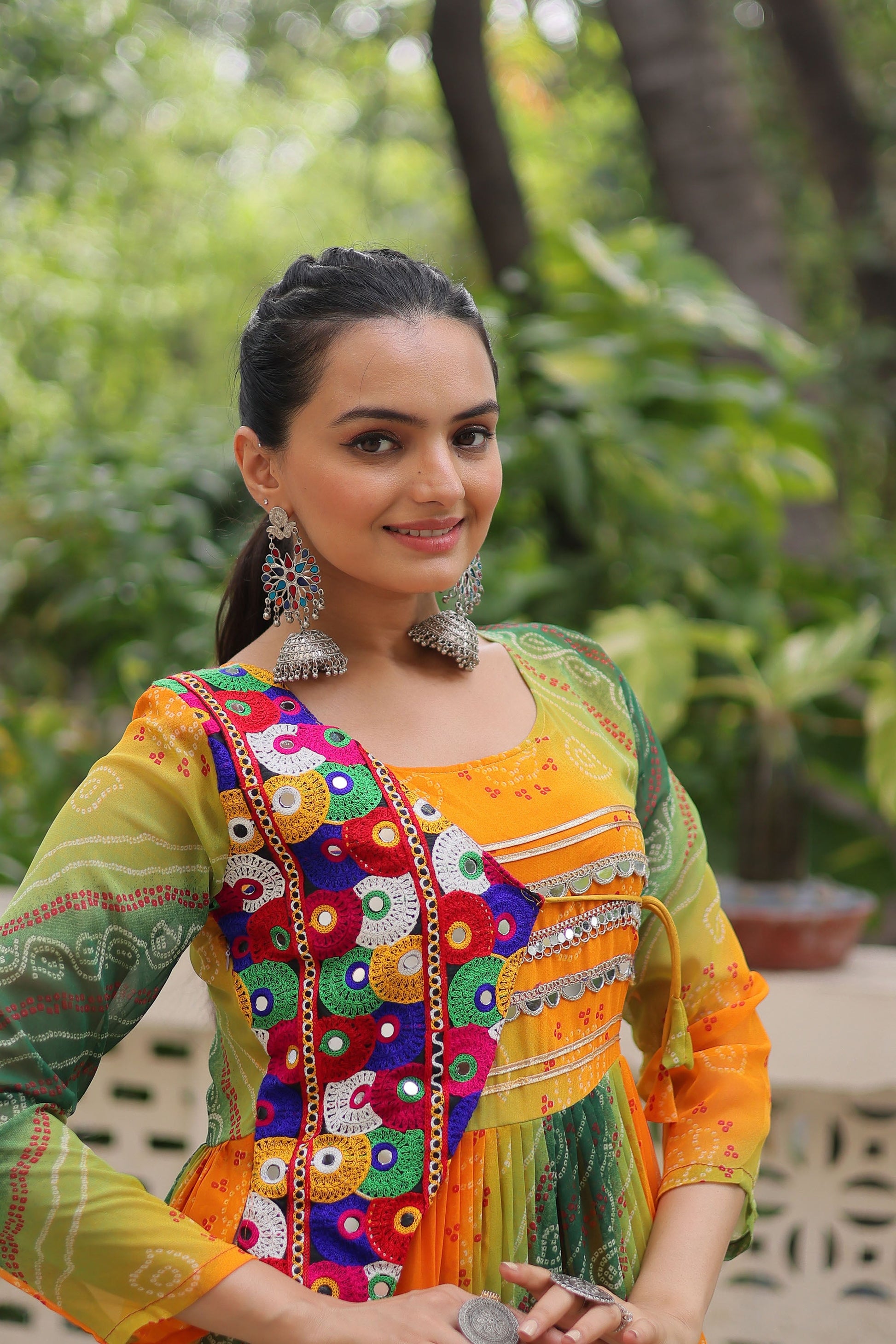 Lorenvalley Fashion Multicolor Faux Georgette Laheriya & Bandhej Print with kutchi patche work Gown | Swadesiicart