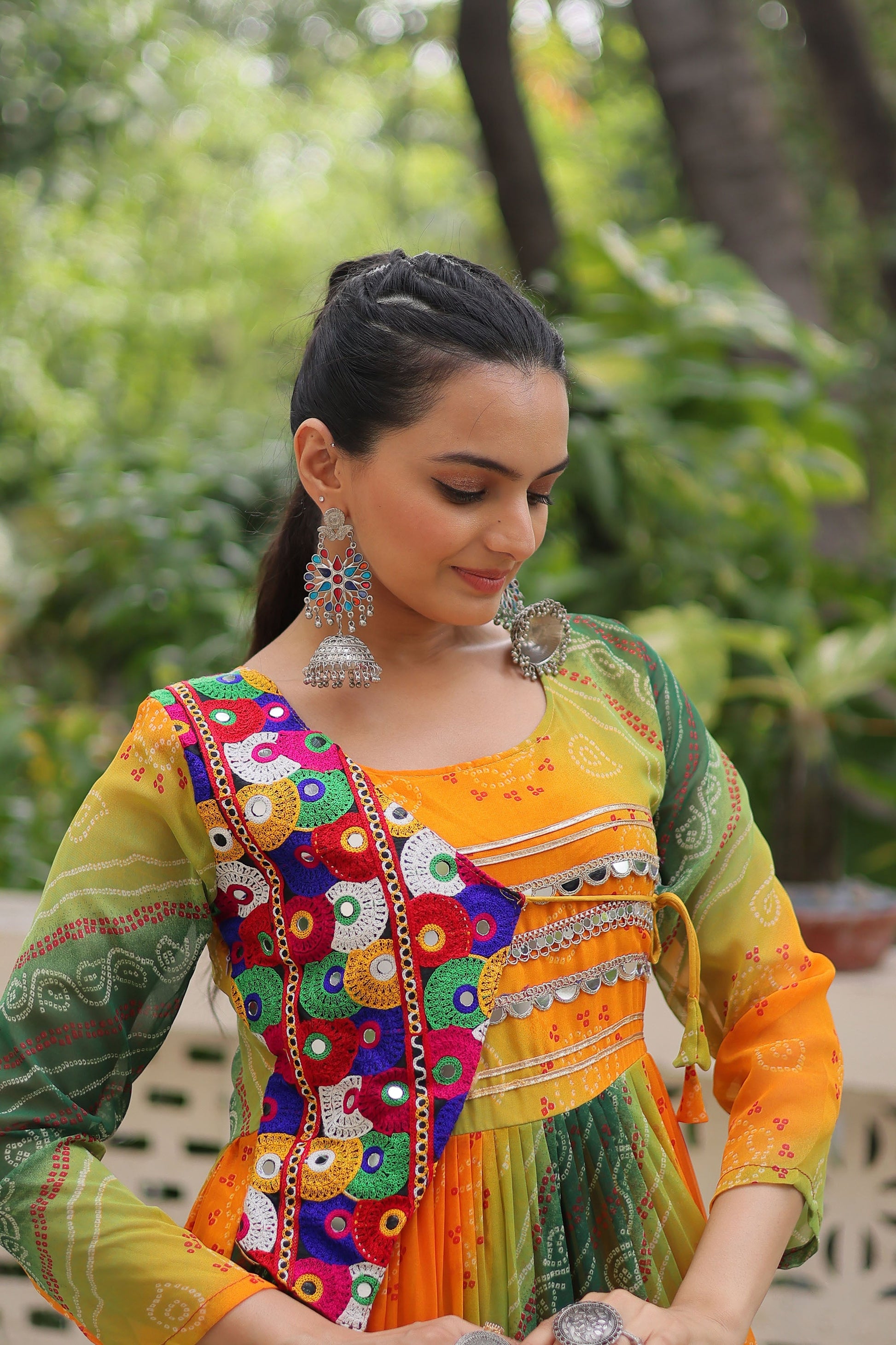 Lorenvalley Fashion Multicolor Faux Georgette Laheriya & Bandhej Print with kutchi patche work Gown | Swadesiicart