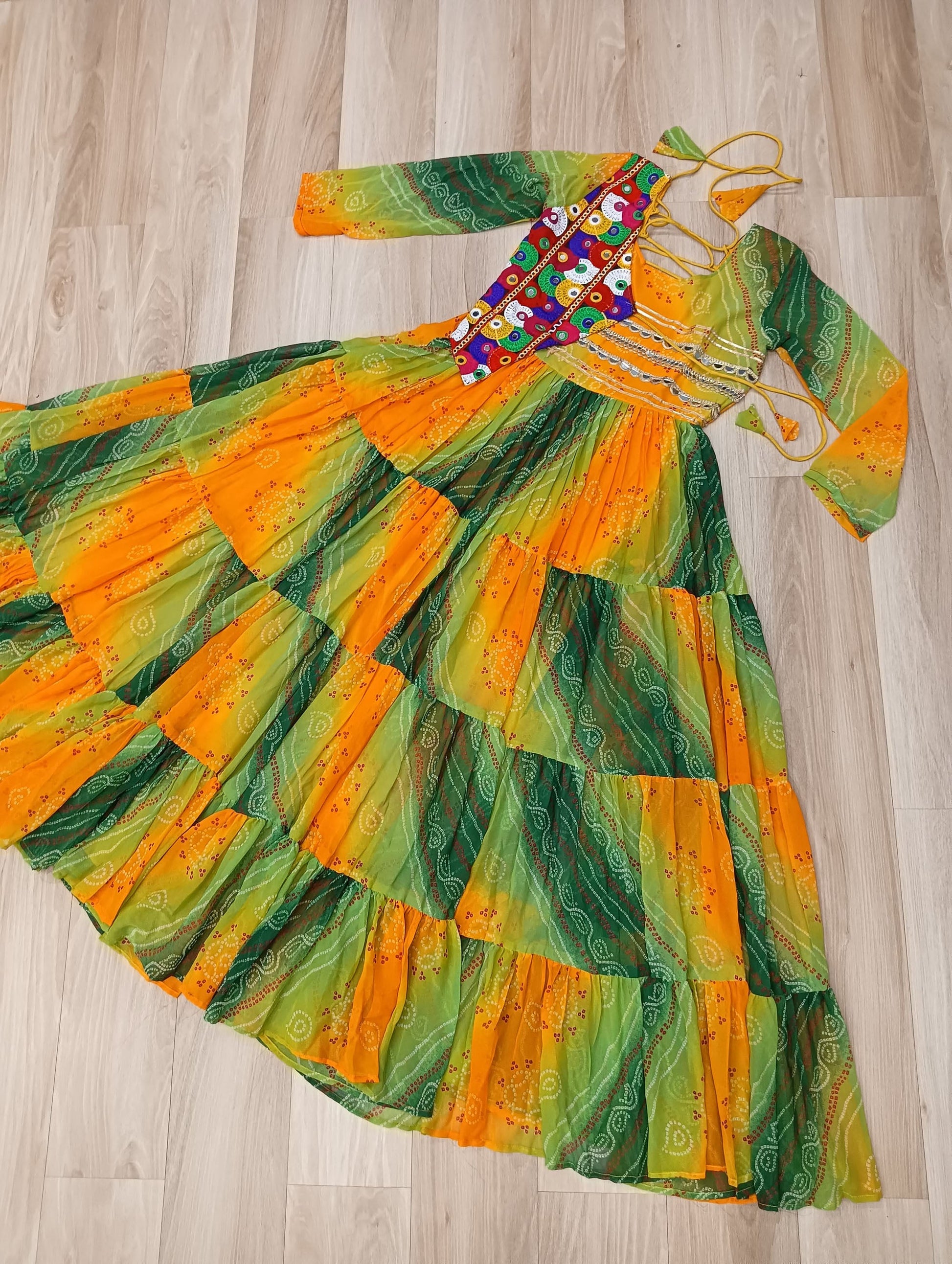 Lorenvalley Fashion Multicolor Faux Georgette Laheriya & Bandhej Print with kutchi patche work Gown | Swadesiicart
