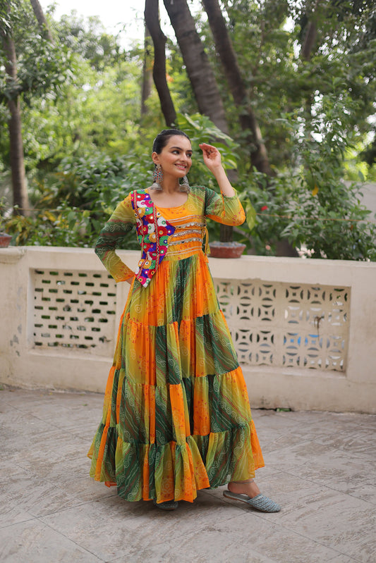 Lorenvalley Fashion Multicolor Faux Georgette Laheriya & Bandhej Print with kutchi patche work Gown | Swadesiicart