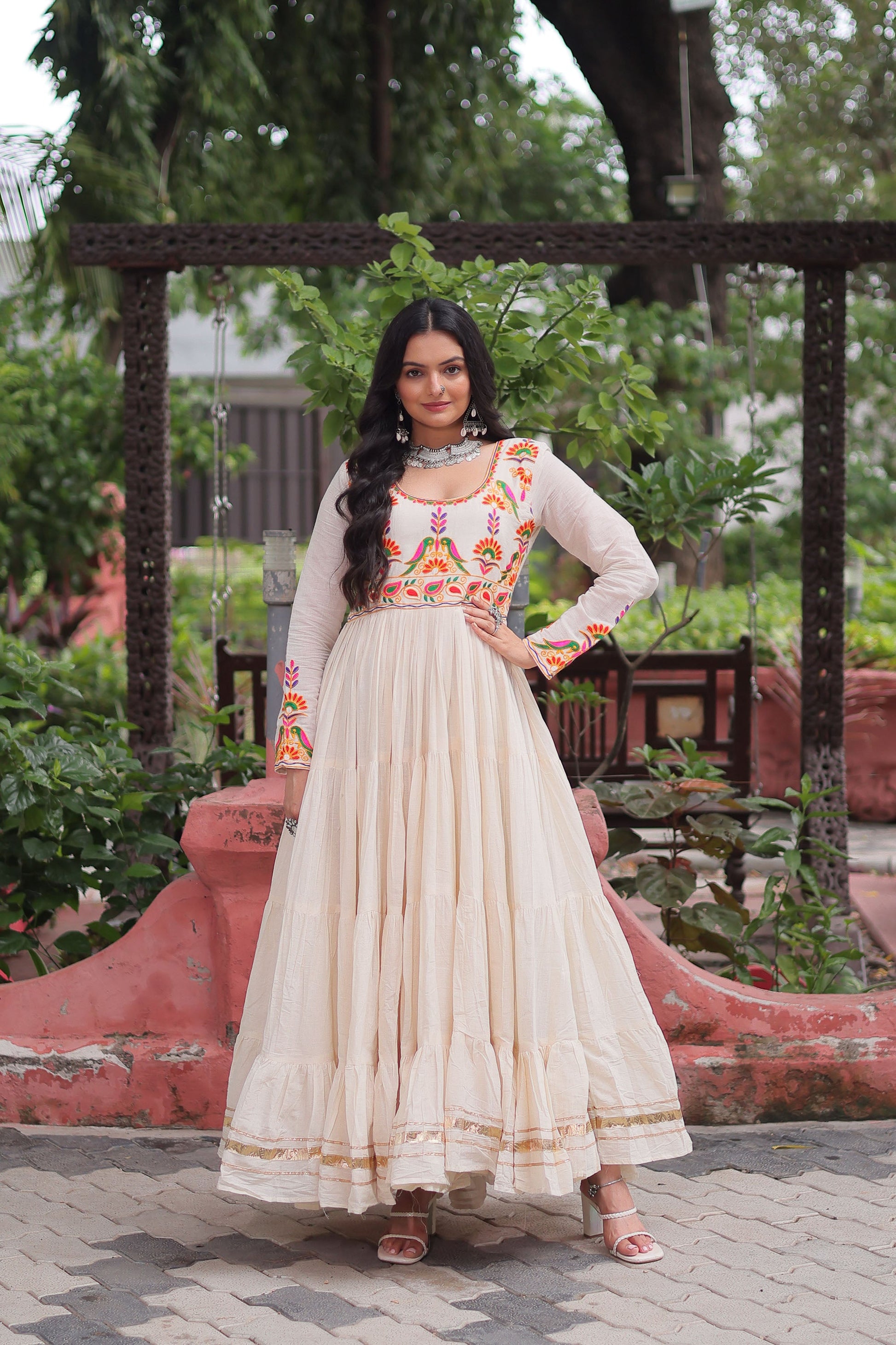 Lorenvalley Fashion Offwhite Kora Cotton with Multi Thread Embroidered & Gota patti Work Gown | Swadesiicart