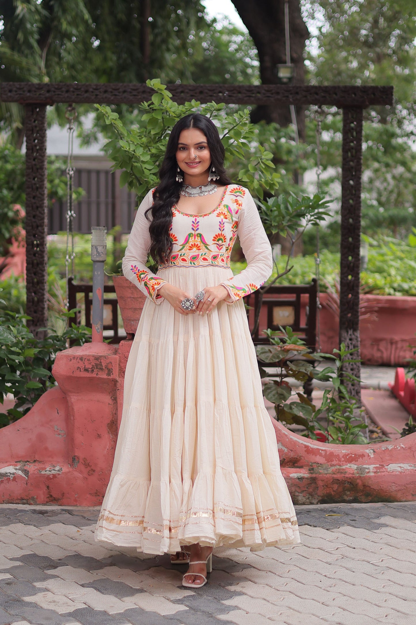 Lorenvalley Fashion Offwhite Kora Cotton with Multi Thread Embroidered & Gota patti Work Gown | Swadesiicart