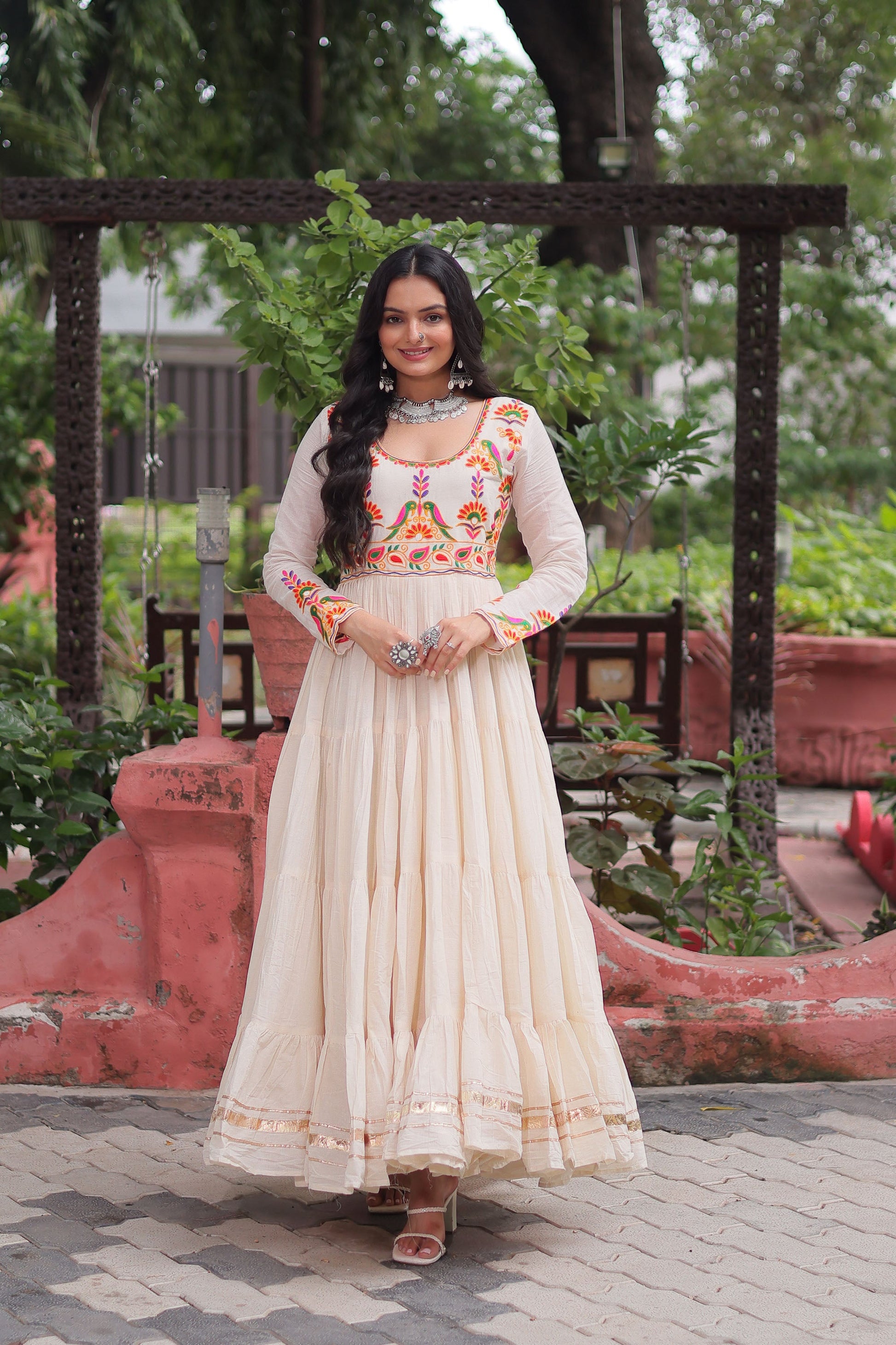 Lorenvalley Fashion Offwhite Kora Cotton with Multi Thread Embroidered & Gota patti Work Gown | Swadesiicart