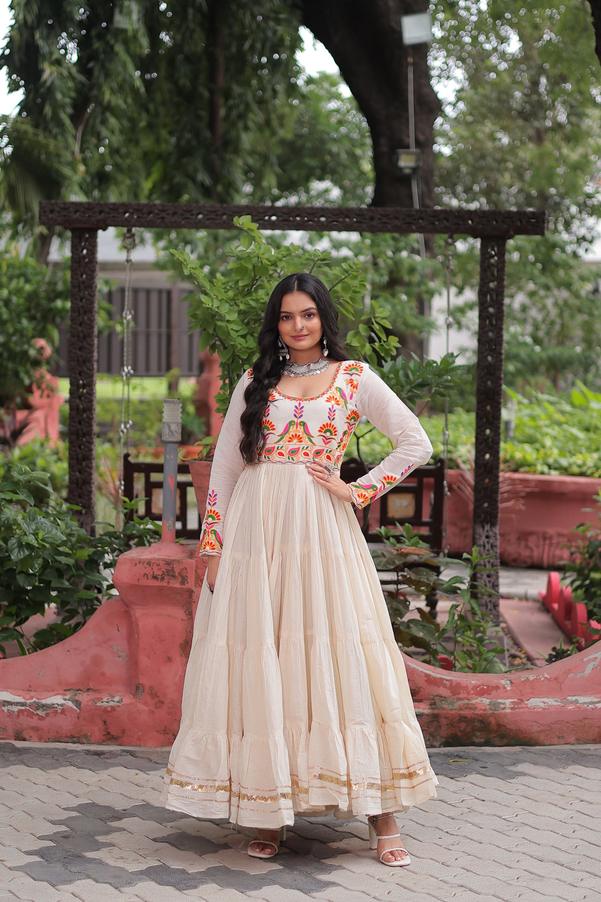 Lorenvalley Fashion Offwhite Kora Cotton with Multi Thread Embroidered & Gota patti Work Gown | Swadesiicart