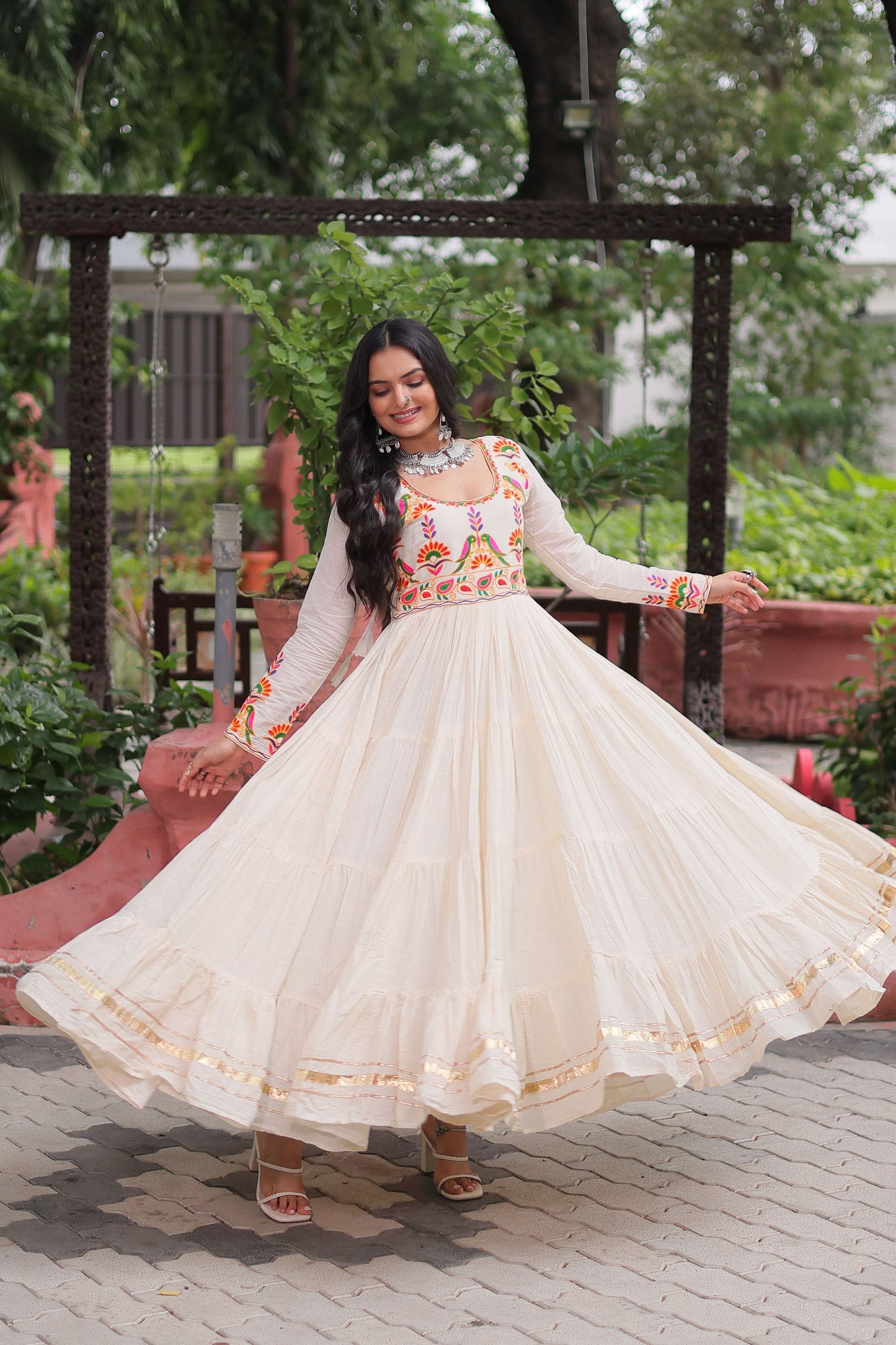 Lorenvalley Fashion Offwhite Kora Cotton with Multi Thread Embroidered & Gota patti Work Gown | Swadesiicart