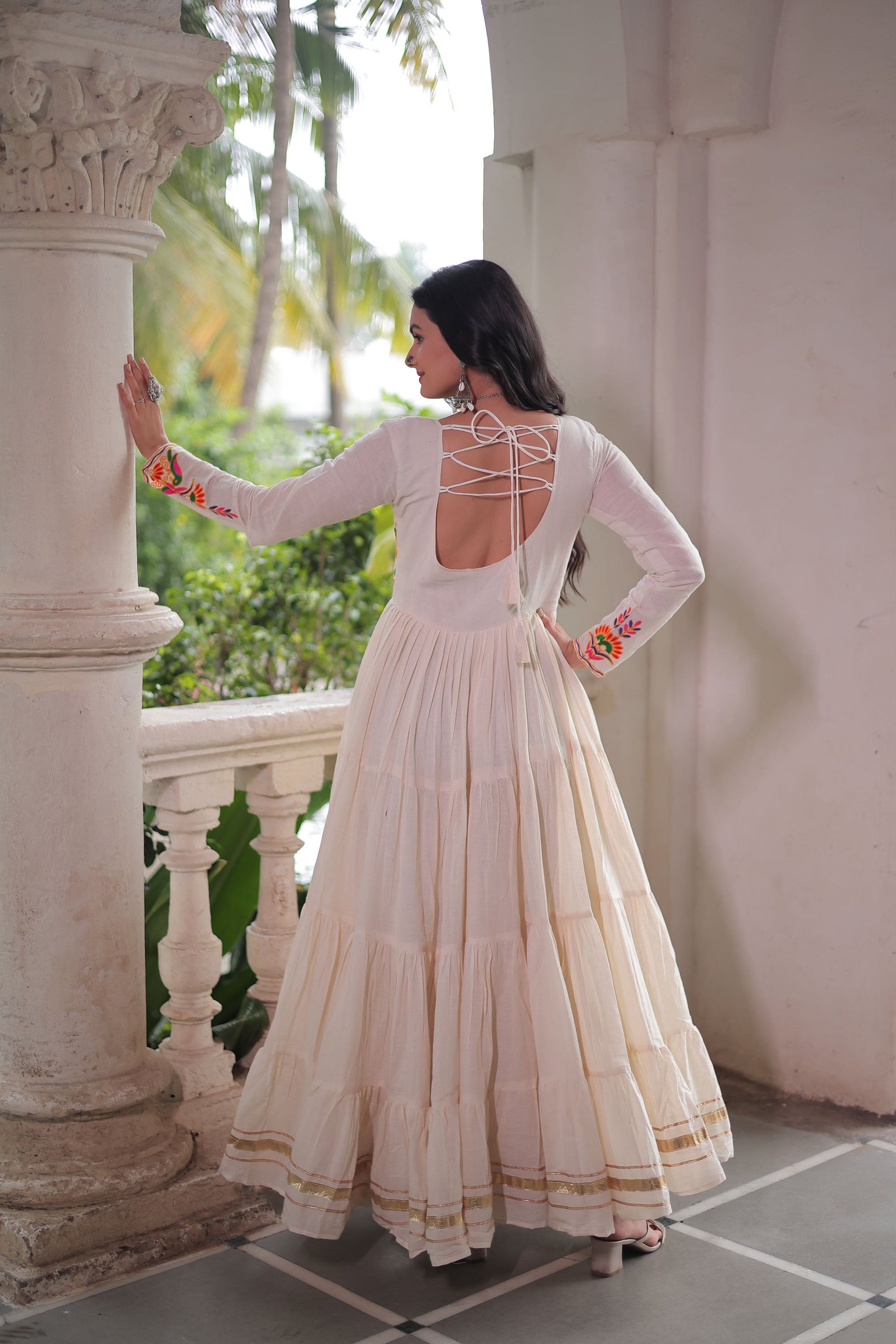 Lorenvalley Fashion Offwhite Kora Cotton with Multi Thread Embroidered & Gota patti Work Gown | Swadesiicart