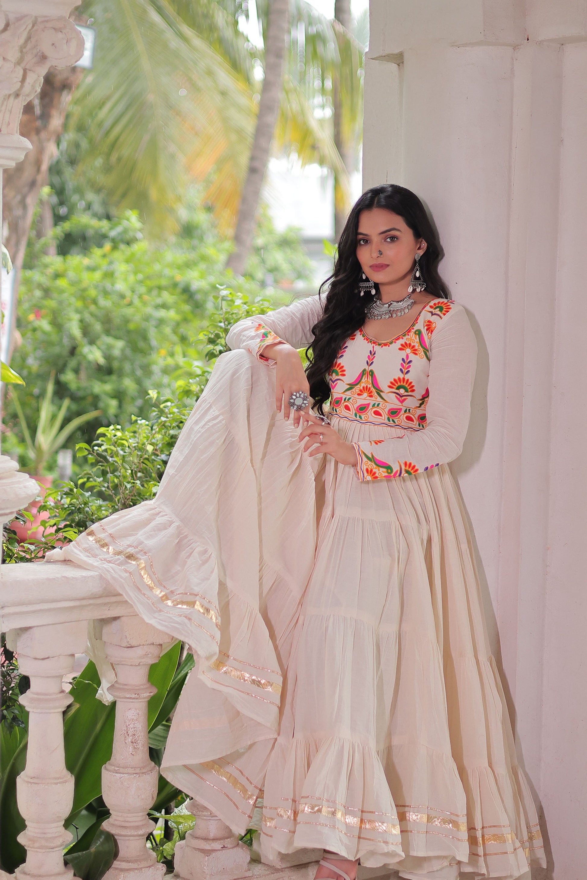 Lorenvalley Fashion Offwhite Kora Cotton with Multi Thread Embroidered & Gota patti Work Gown | Swadesiicart