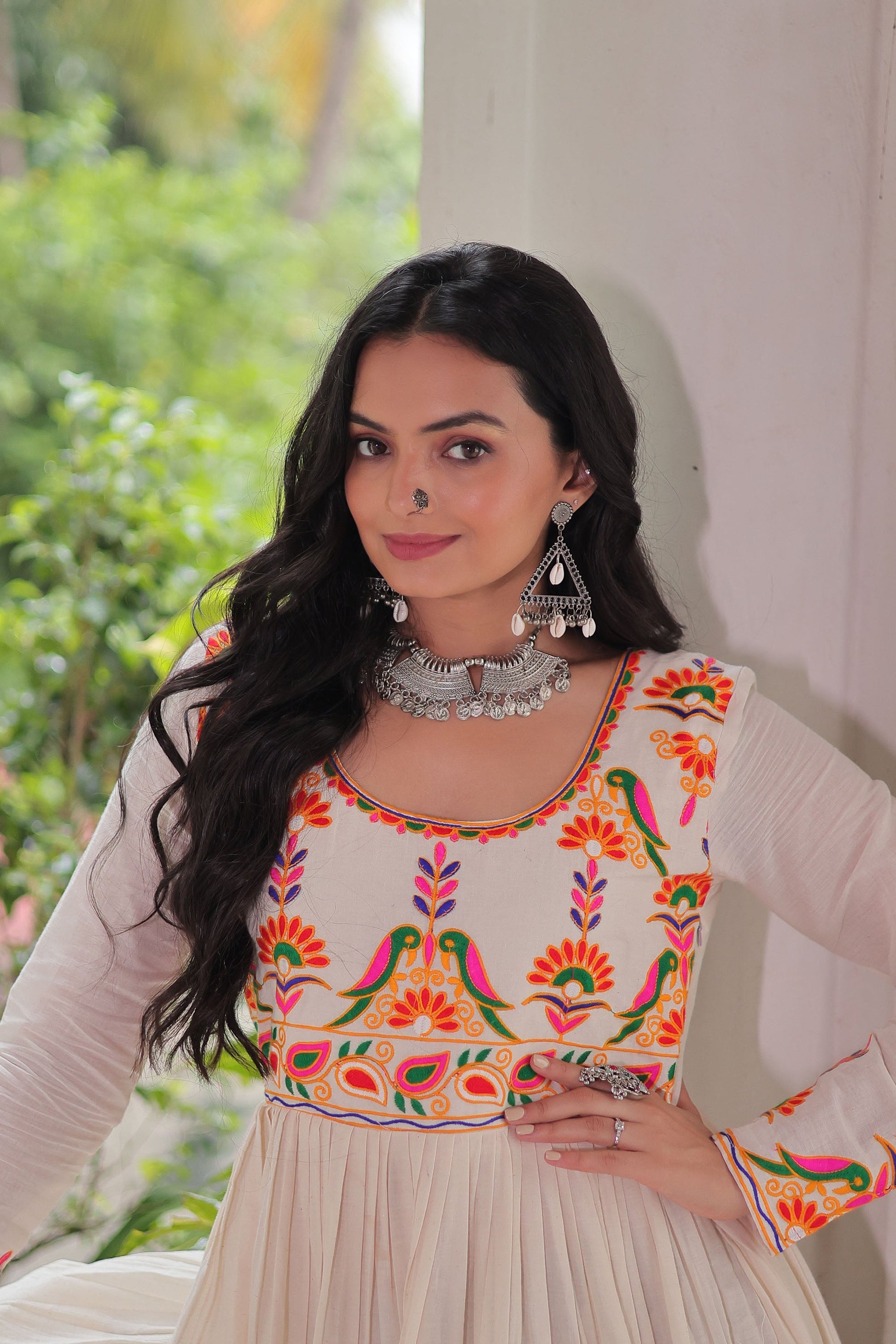 Lorenvalley Fashion Offwhite Kora Cotton with Multi Thread Embroidered & Gota patti Work Gown | Swadesiicart