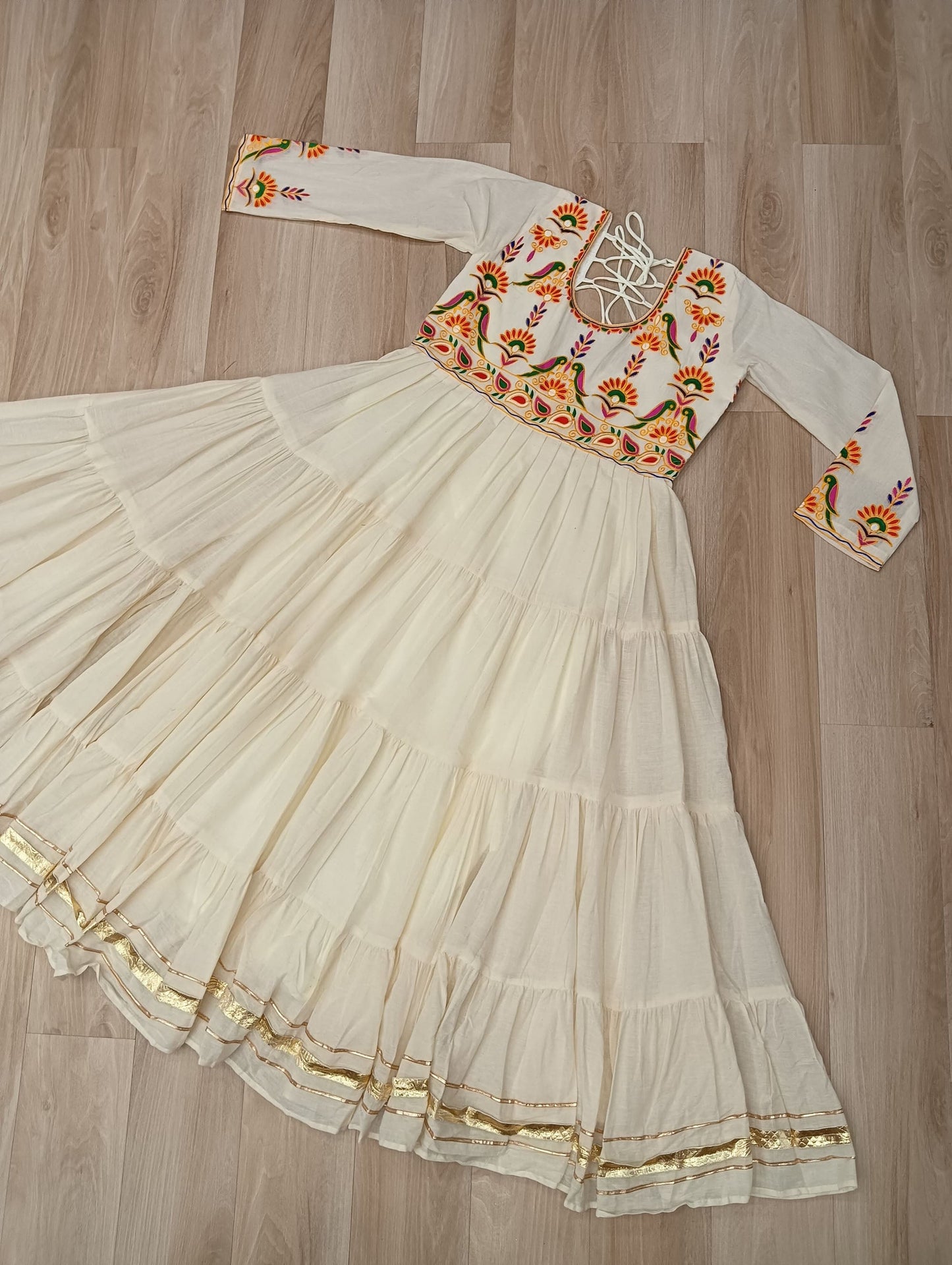 Lorenvalley Fashion Offwhite Kora Cotton with Multi Thread Embroidered & Gota patti Work Gown | Swadesiicart
