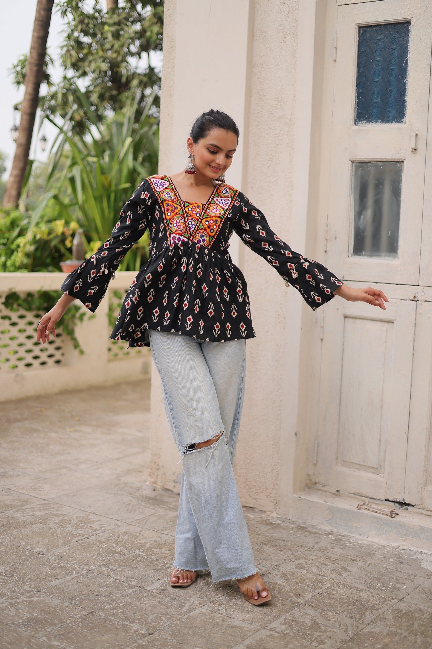 Prazu Fashion Black Cotton Print With Kutchi Patchwork Top For Navratri - Swadesiicart