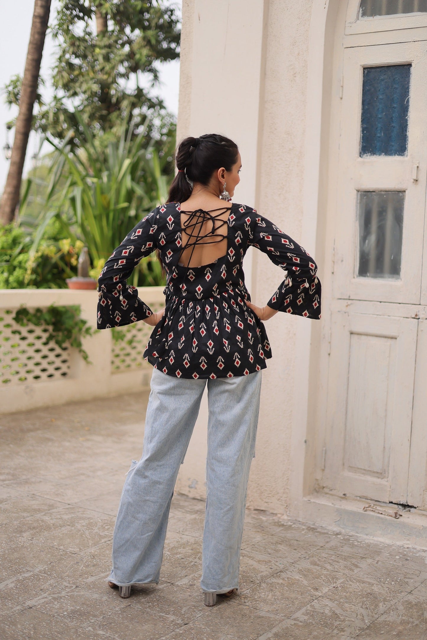 Prazu Fashion Black Cotton Print With Kutchi Patchwork Top For Navratri - Swadesiicart