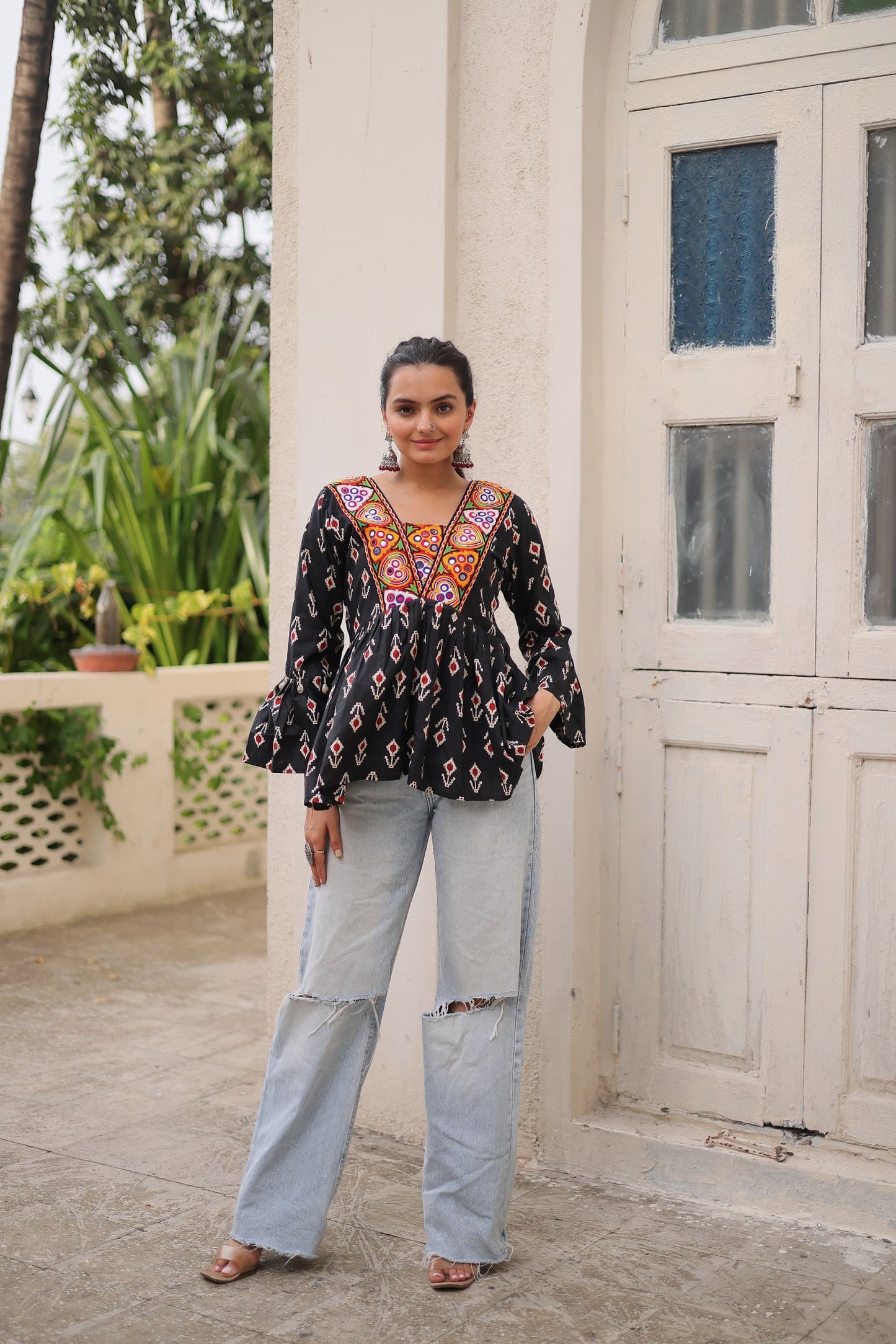 Prazu Fashion Black Cotton Print With Kutchi Patchwork Top For Navratri - Swadesiicart