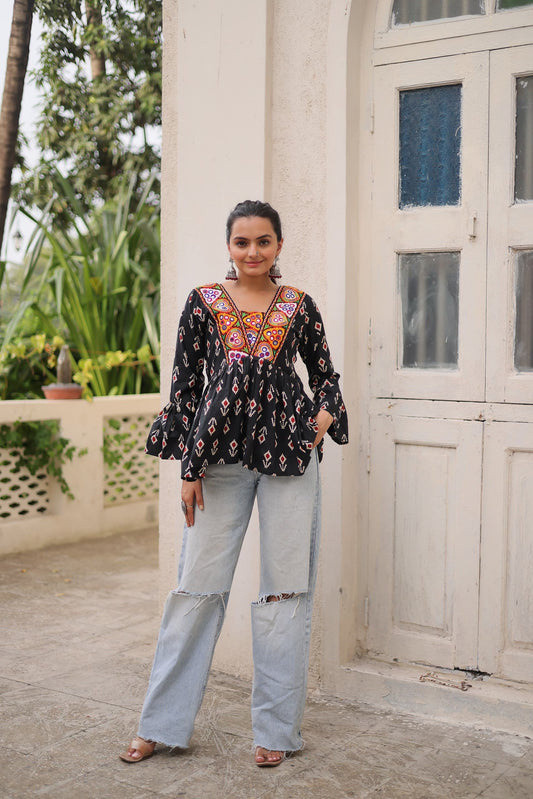 Prazu Fashion Black Cotton Print With Kutchi Patchwork Top For Navratri - Swadesiicart