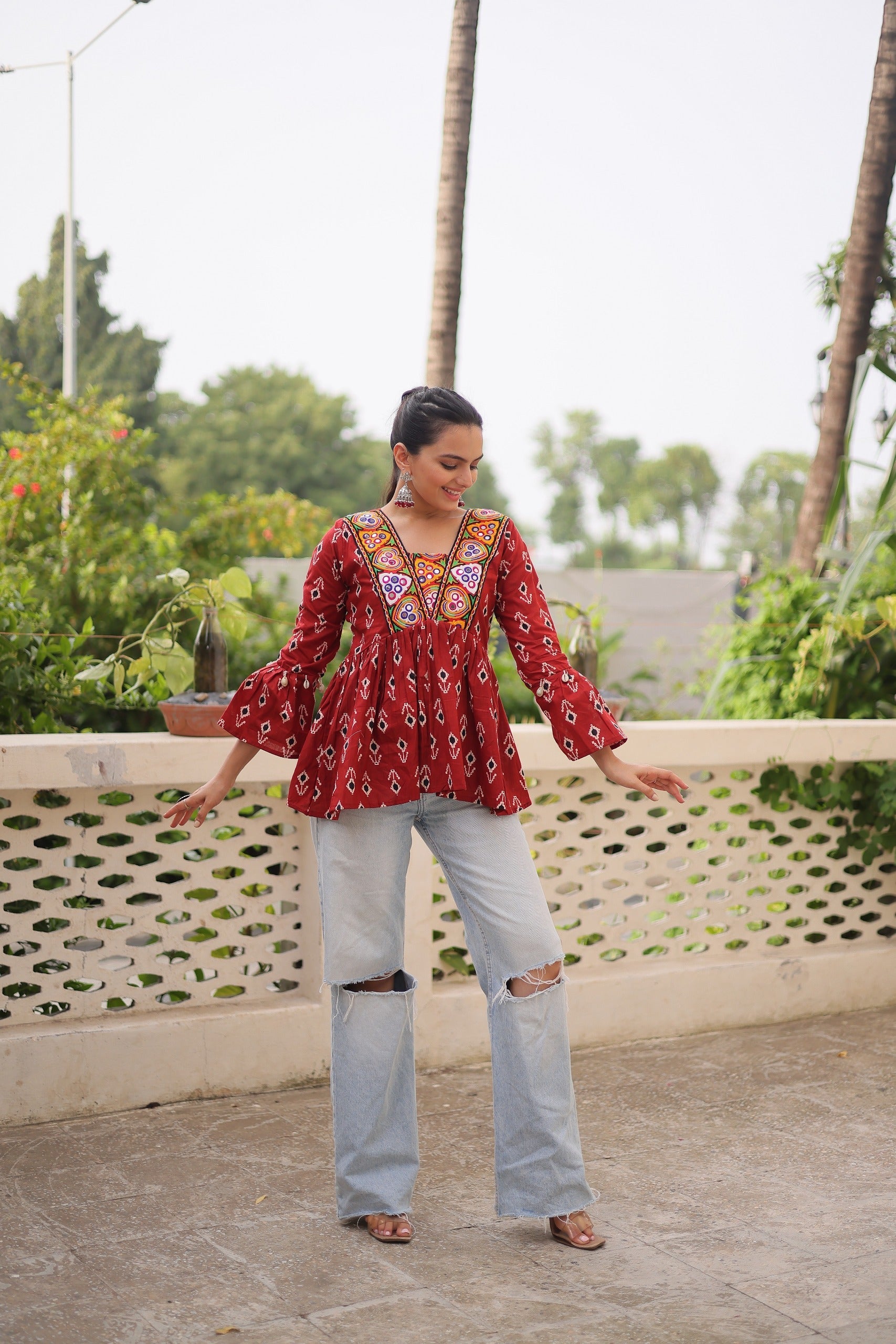 Prazu Fashion Maroon Cotton Print With Kutchi Patchwork Top For Navratri - Swadesiicart