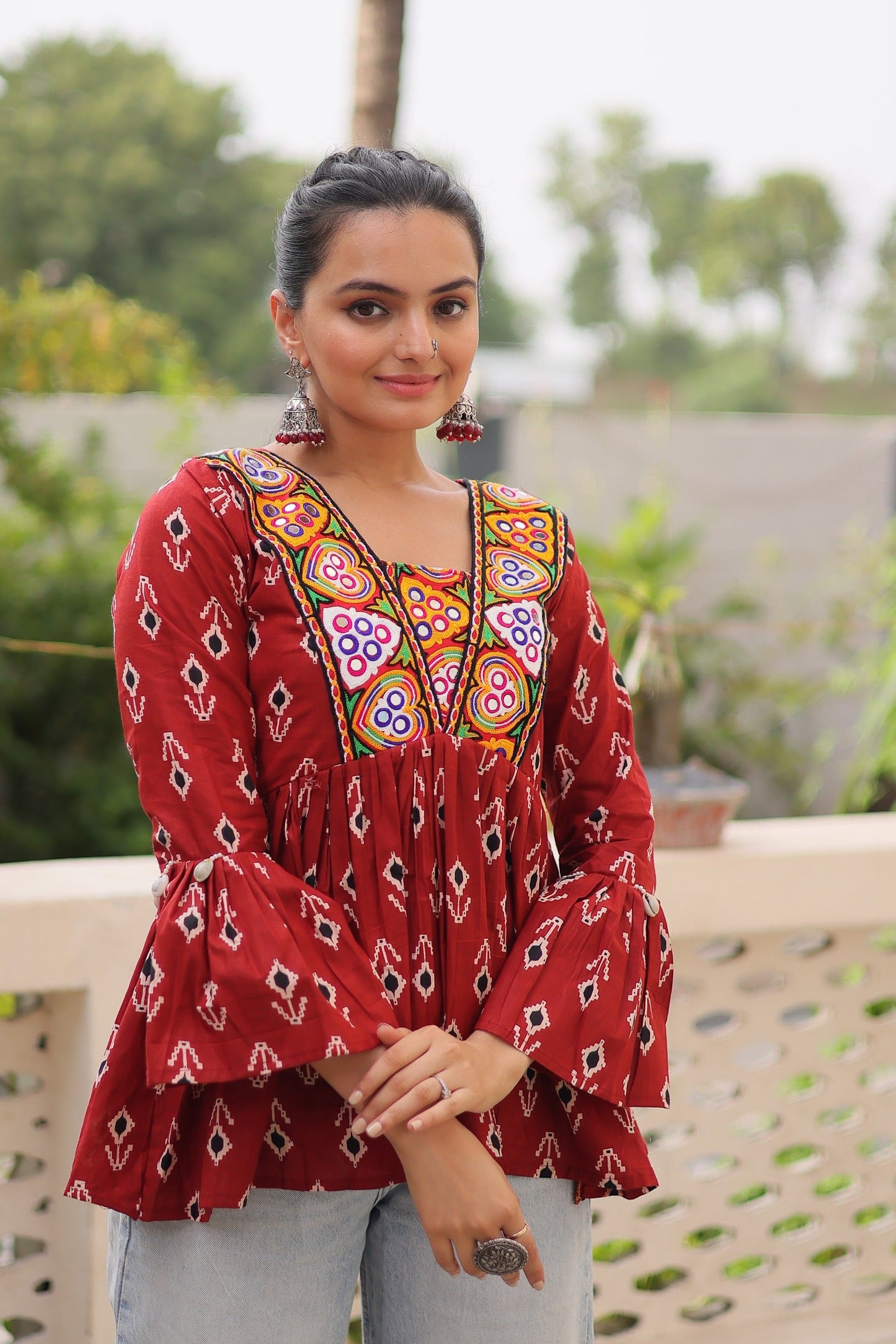 Prazu Fashion Maroon Cotton Print With Kutchi Patchwork Top For Navratri - Swadesiicart