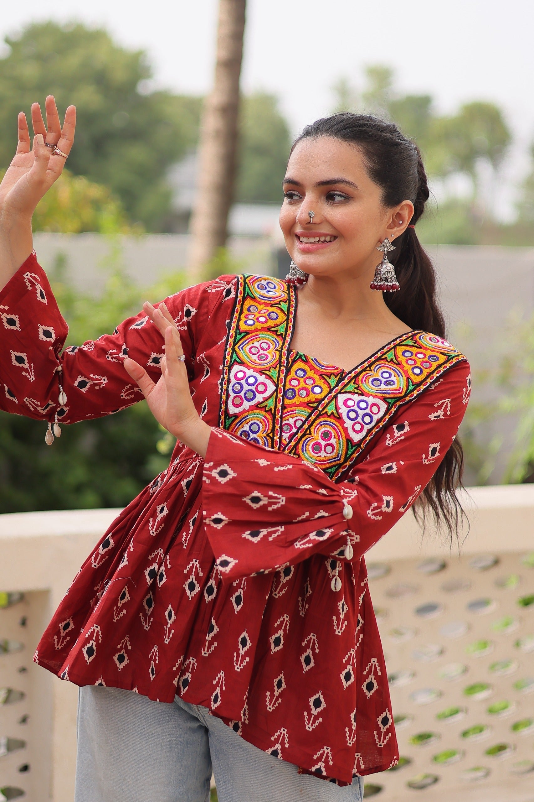 Prazu Fashion Maroon Cotton Print With Kutchi Patchwork Top For Navratri - Swadesiicart