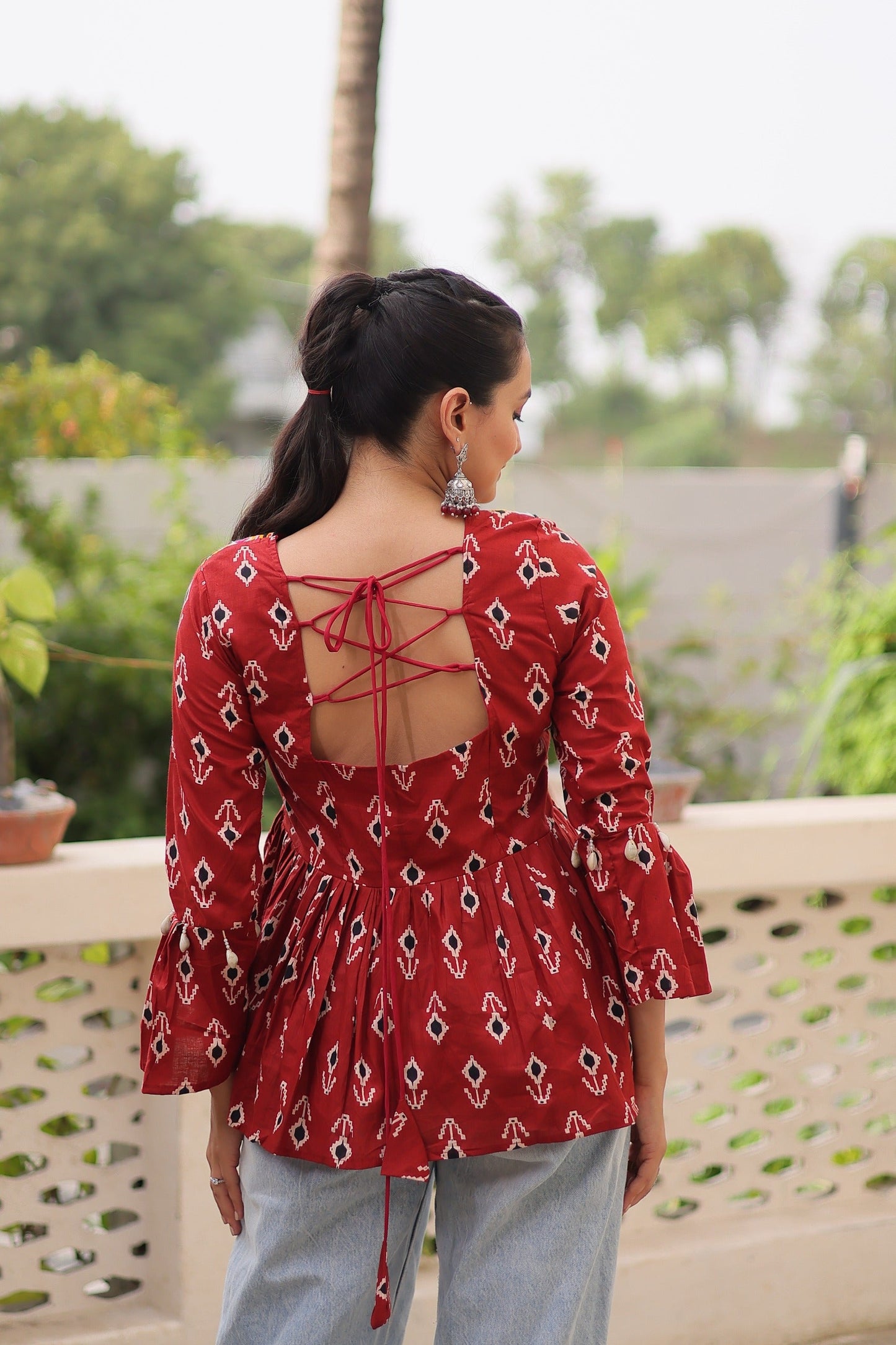 Prazu Fashion Maroon Cotton Print With Kutchi Patchwork Top For Navratri - Swadesiicart