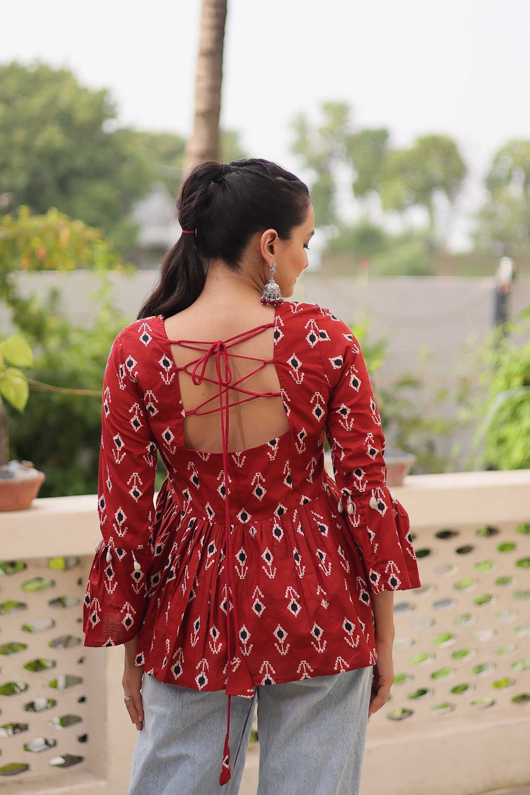 Prazu Fashion Maroon Cotton Print With Kutchi Patchwork Top For Navratri - Swadesiicart