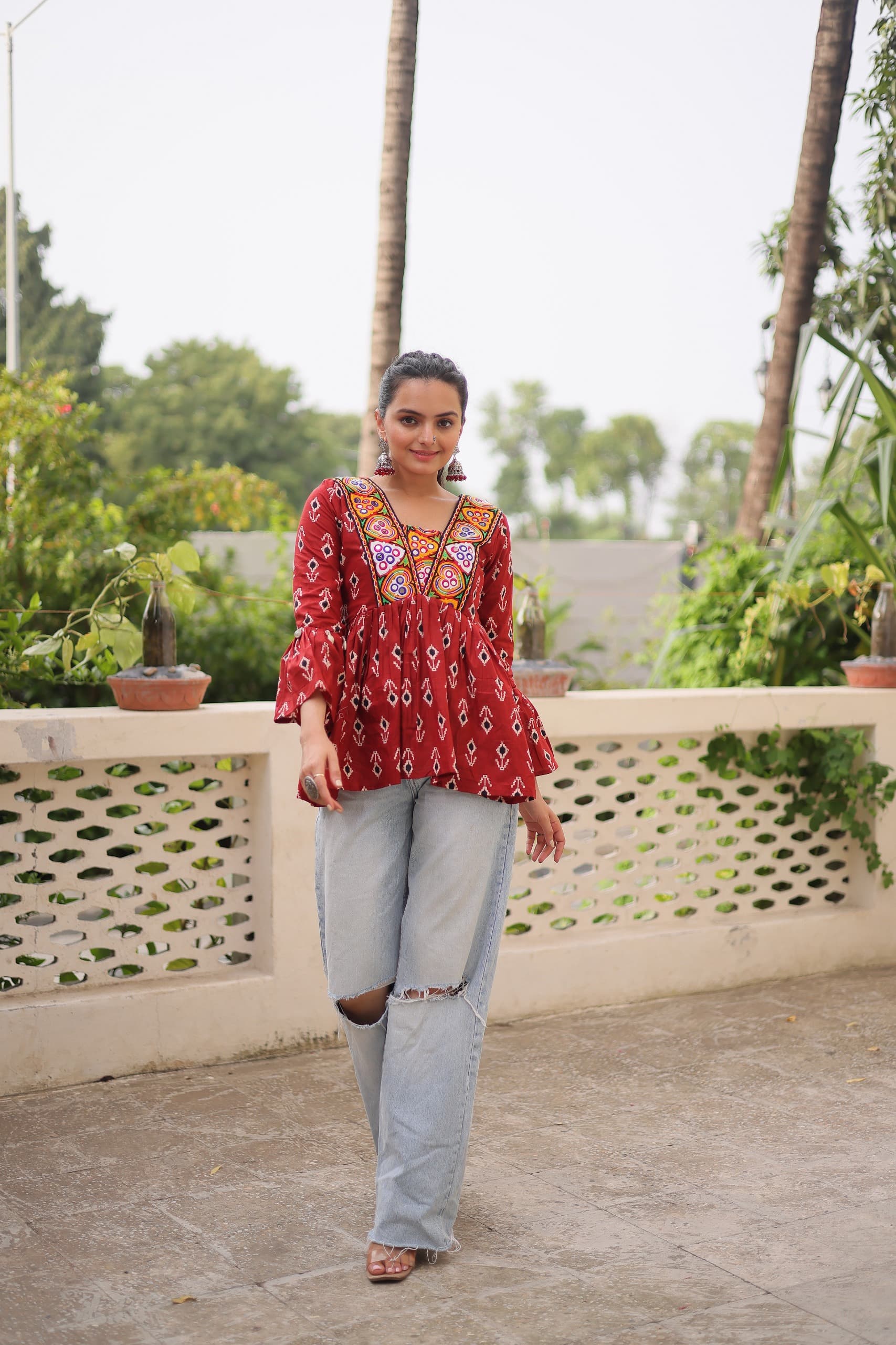 Prazu Fashion Maroon Cotton Print With Kutchi Patchwork Top For Navratri - Swadesiicart